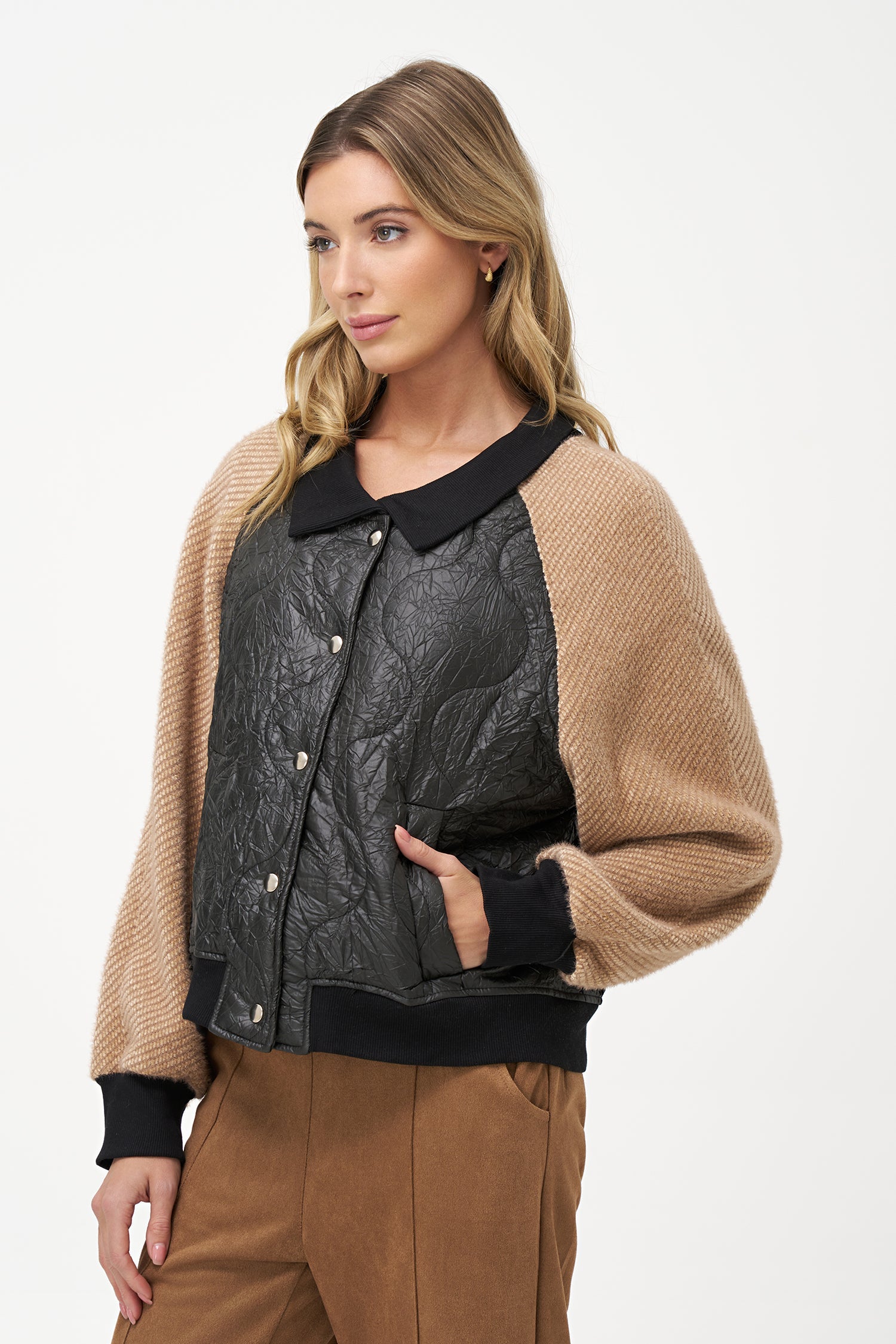 Women's Knit & Woven Combo Snap-Button Front Bomber Jacket