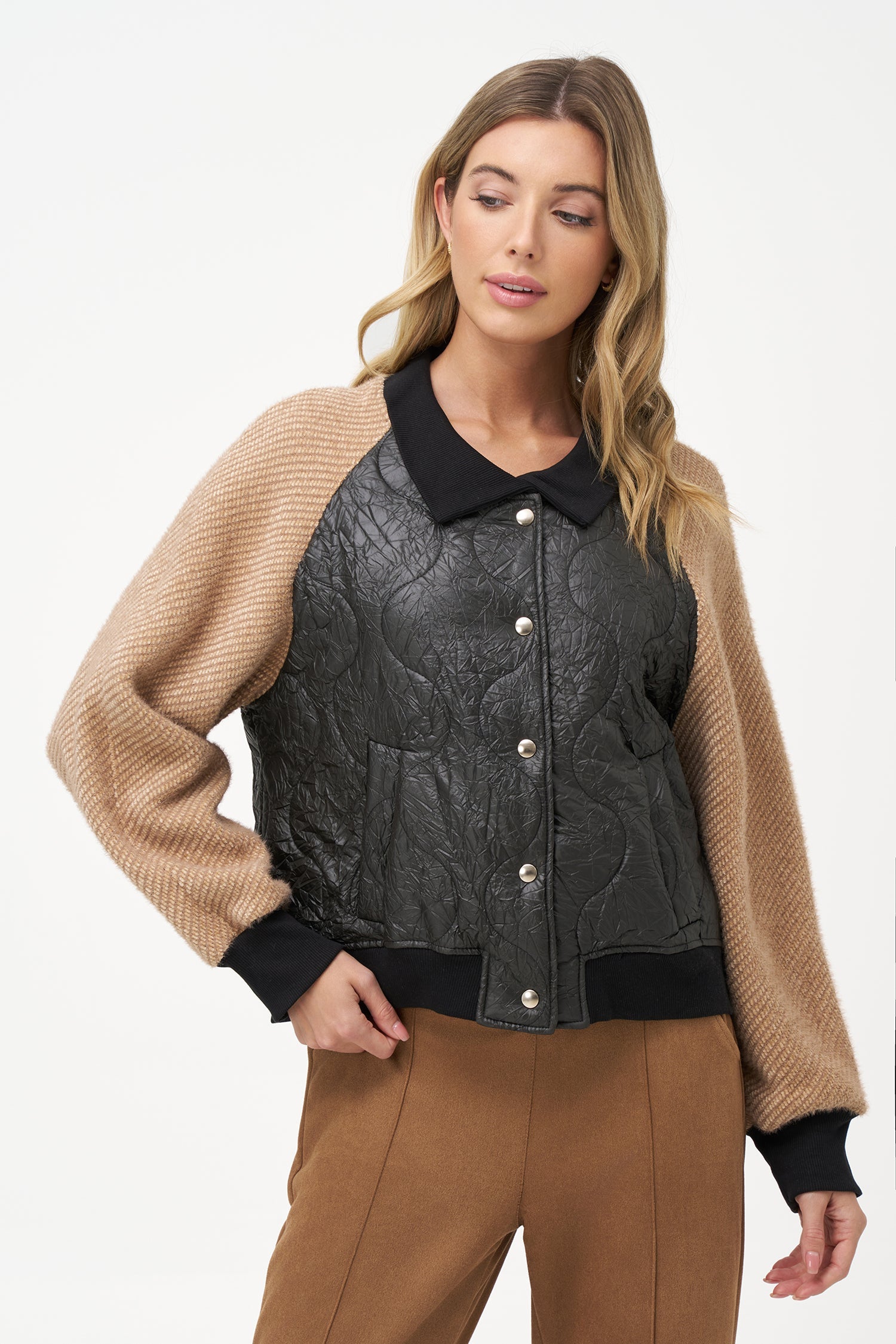 Women's Knit & Woven Combo Snap-Button Front Bomber Jacket