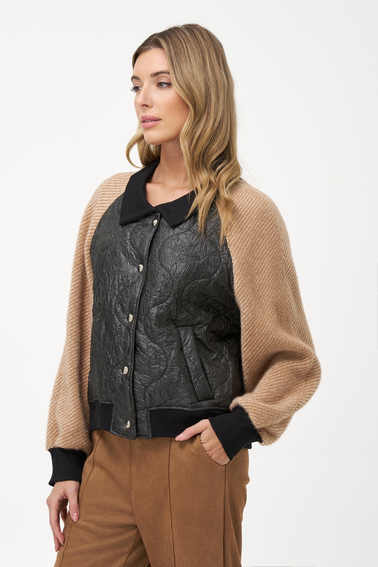 Women's Knit & Woven Combo Snap-Button Front Bomber Jacket