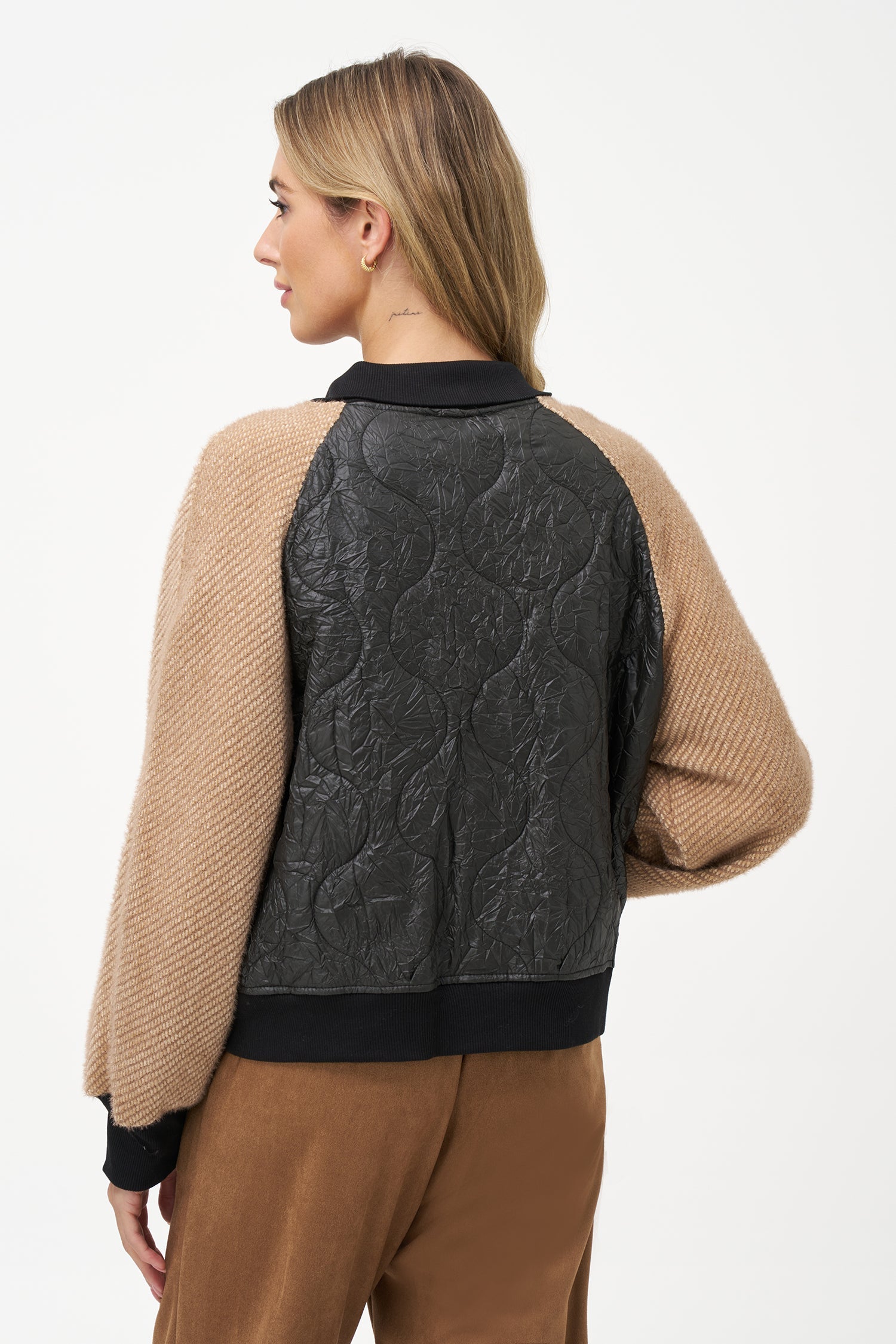 Women's Knit & Woven Combo Snap-Button Front Bomber Jacket