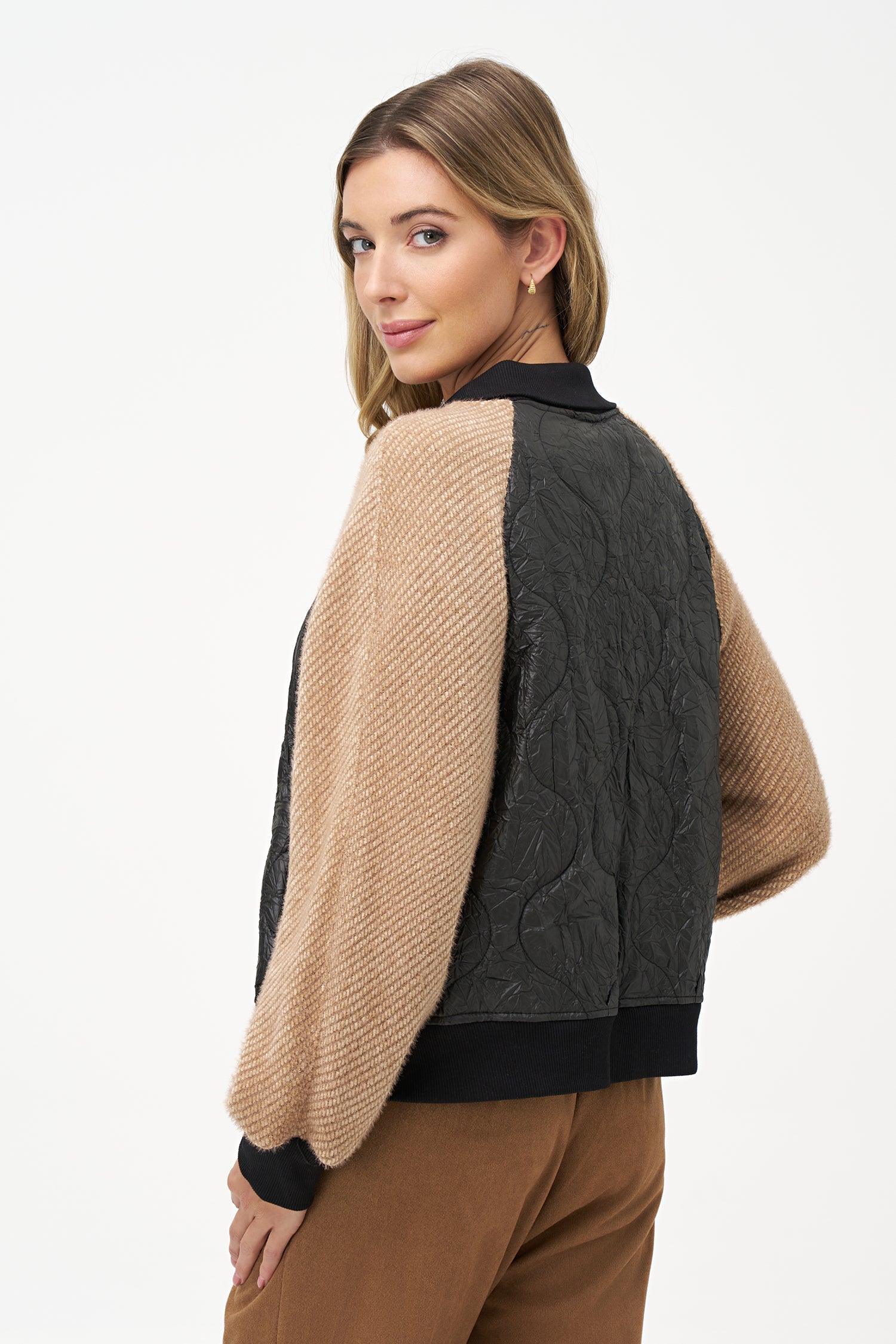 Women's Knit & Woven Combo Snap-Button Front Bomber Jacket