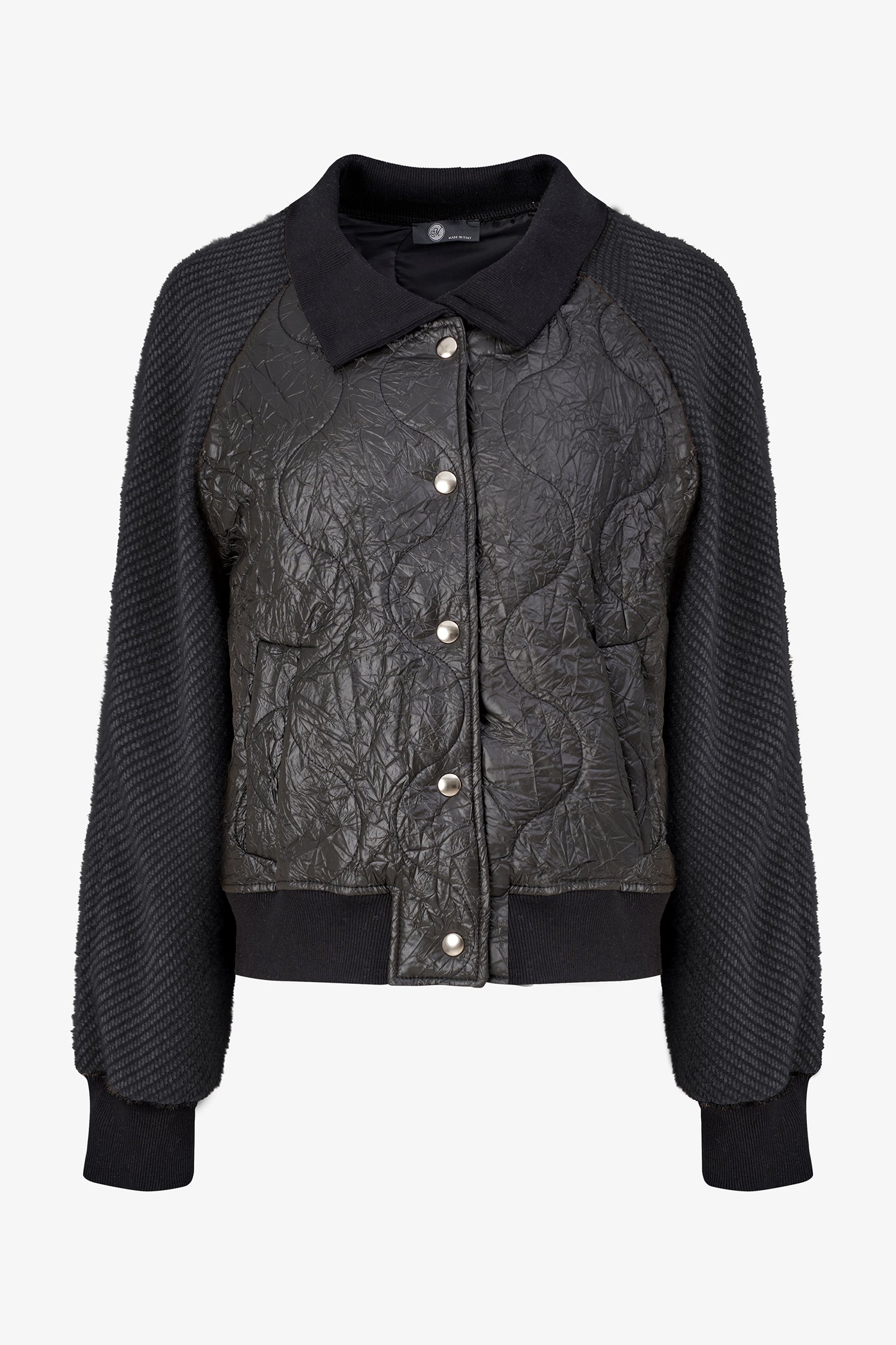 Women's Knit & Woven Combo Snap-Button Front Bomber Jacket