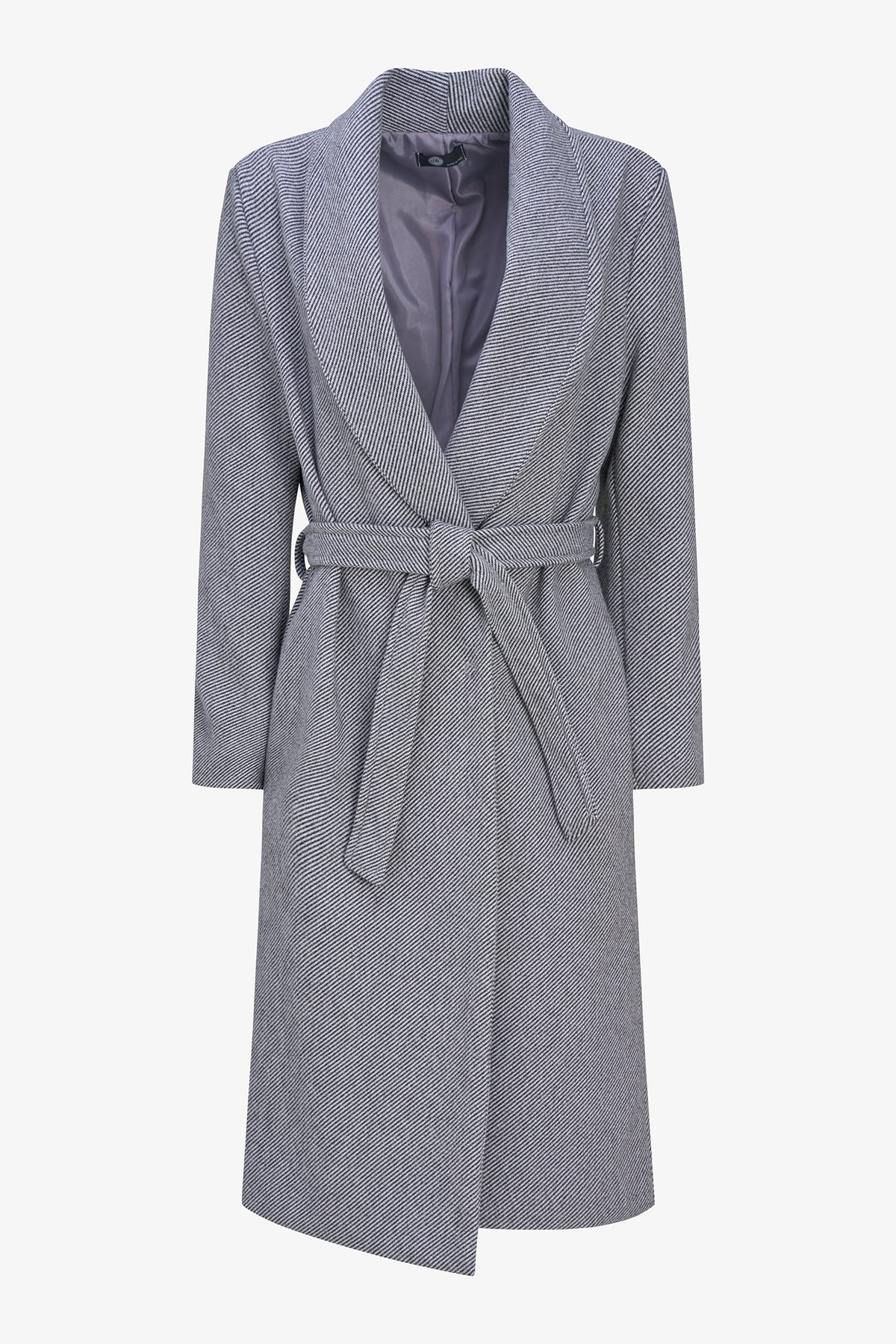 A gray textured coat with a shawl collar and matching waist tie belt, shown on a plain light background.