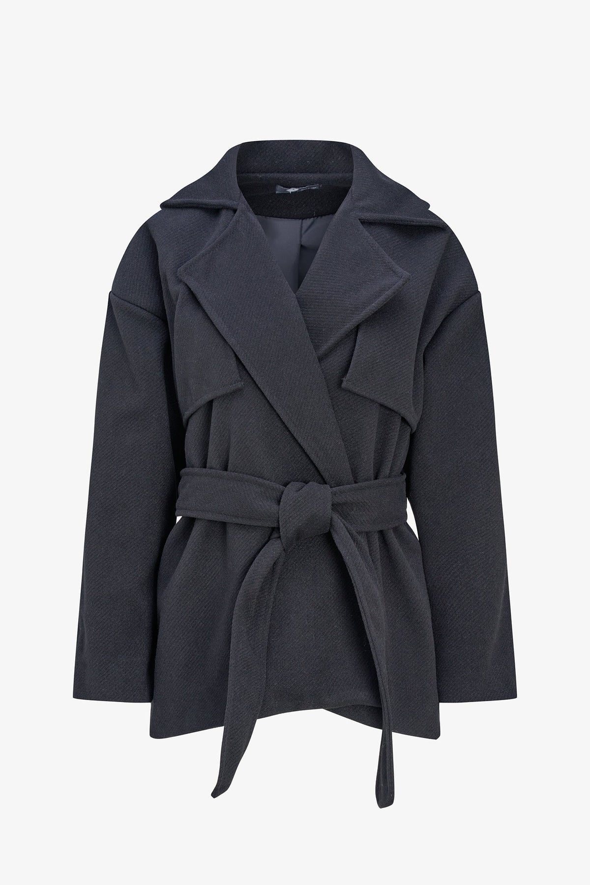 A dark charcoal gray belted wrap coat with wide lapels and long sleeves, shown on a plain light gray background.