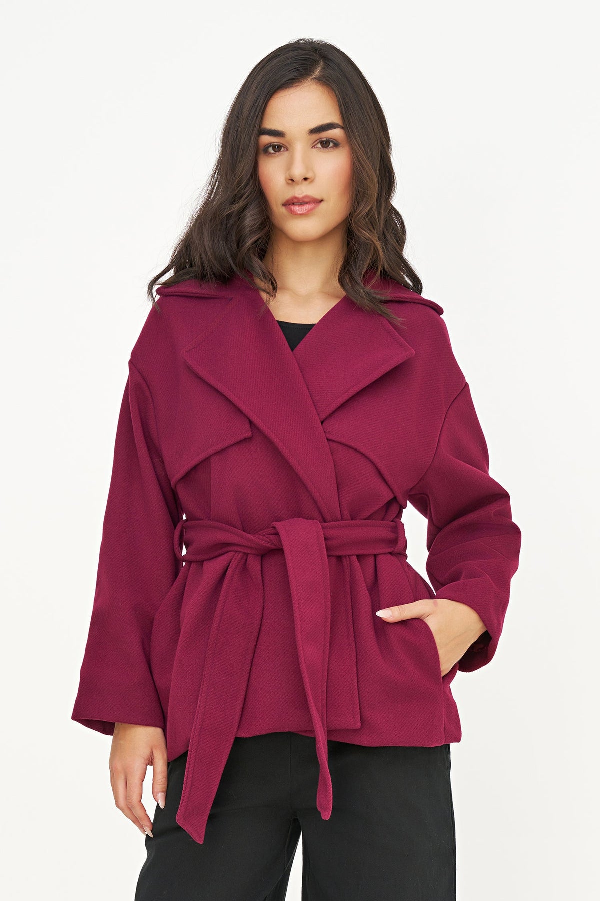 Women's Woven Double-Breasted Coat, with Long Sleeves, Lapel Collar Wit Front Flaps and a Removable Belt For Added Adjustability