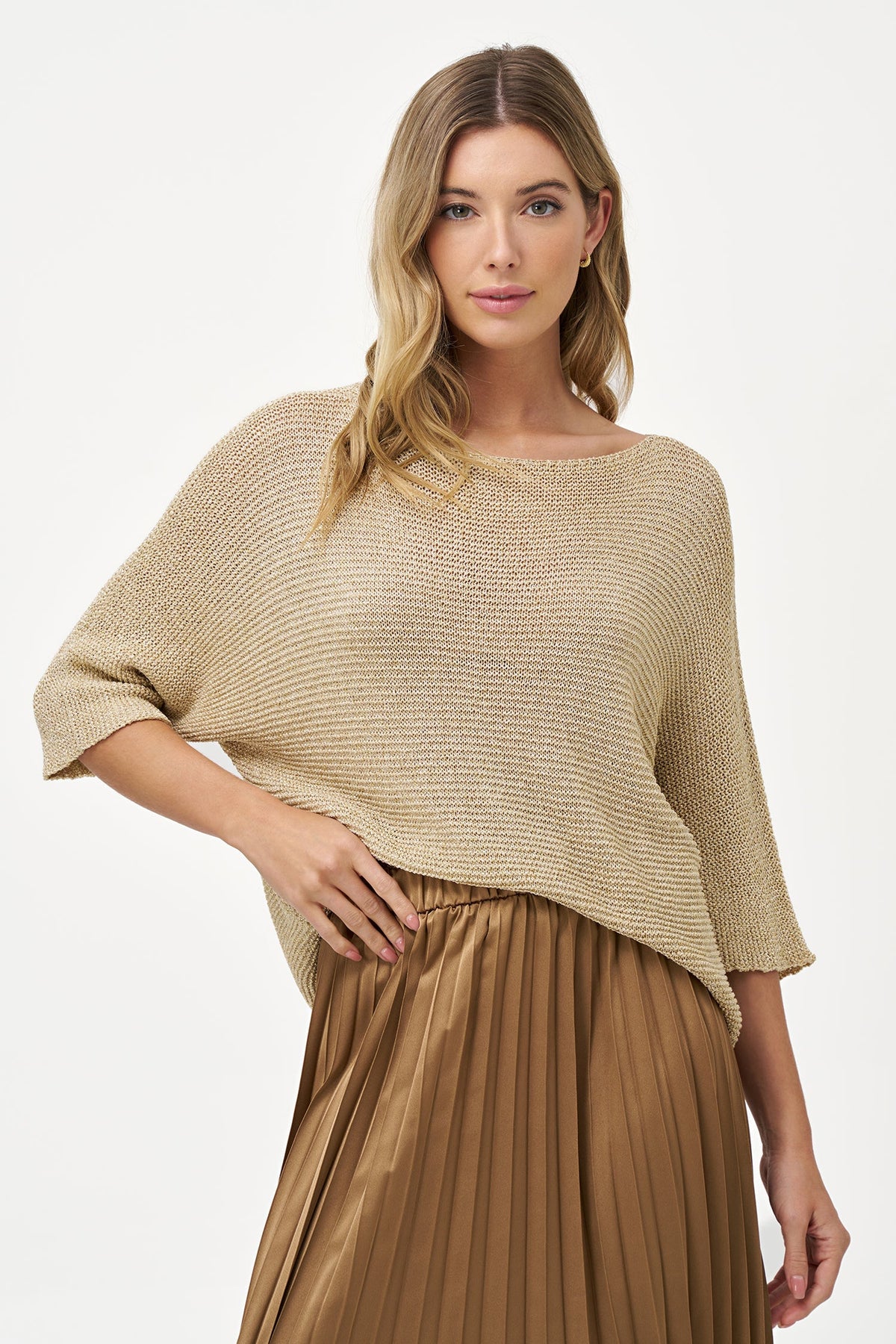 Women's Knit Boat-Neck Sweater with 3/4 Sleeves