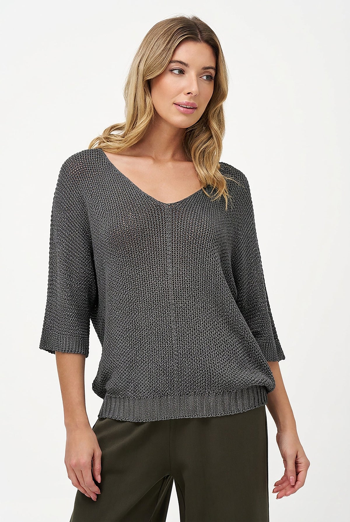Women's Knit V-Neck Sweater with 3/4 Sleeves
