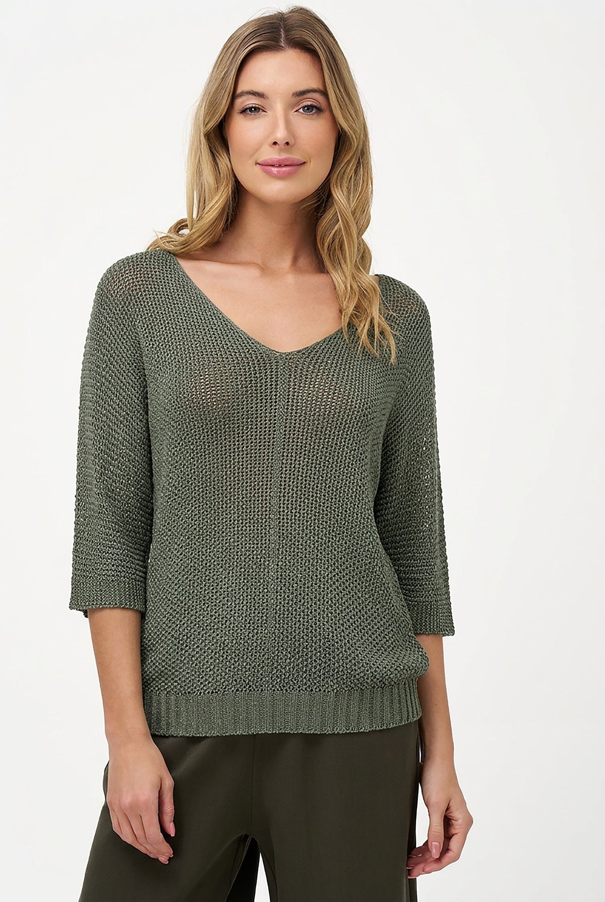Women's Knit V-Neck Sweater with 3/4 Sleeves