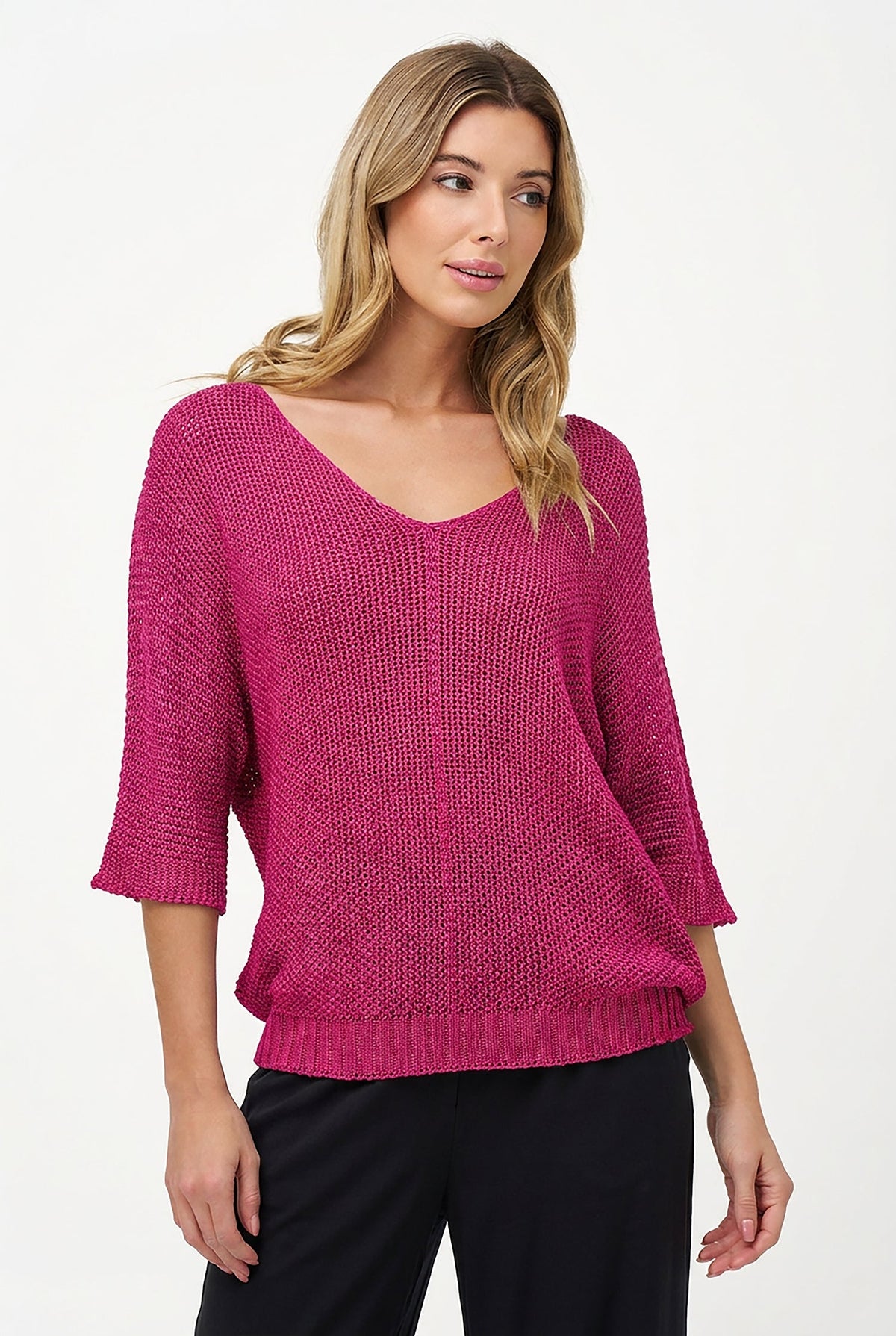 Women's Knit V-Neck Sweater with 3/4 Sleeves