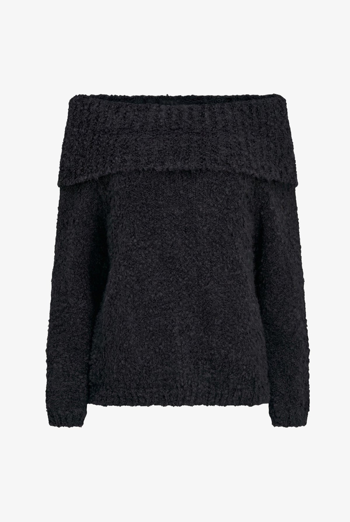 A black textured off-the-shoulder knit sweater with a wide ribbed collar and long sleeves, shown against a plain white background.