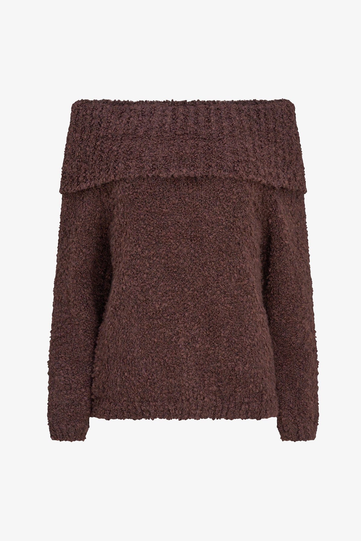 A dark brown textured off-the-shoulder knit sweater with a wide ribbed collar and long sleeves, shown against a plain white background.