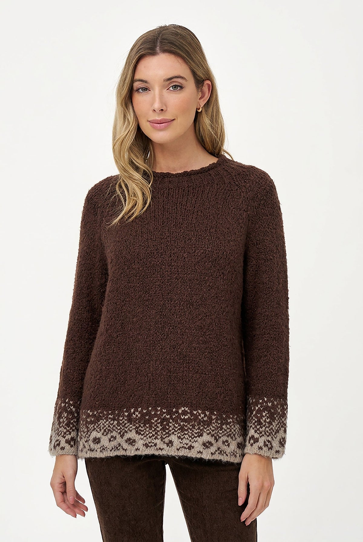 Women's Oversized High Crew-Neck Sweater with Patterned Cuffs & Hem