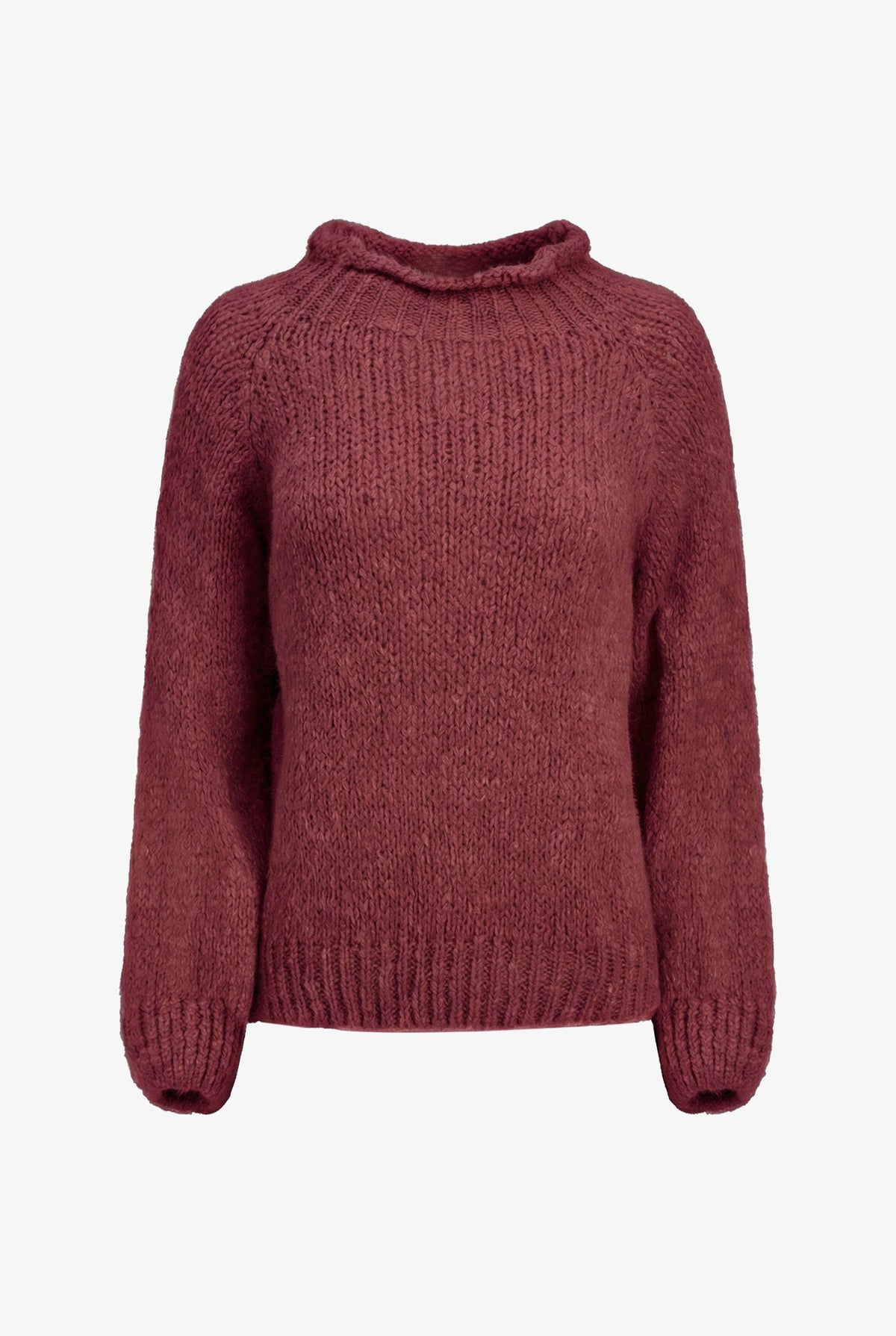 A dusty rose pink chunky knit sweater with a mock neck and long sleeves, shown against a plain white background.