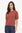 Woman wearing a rust-colored sweater with short sleeves on a white background