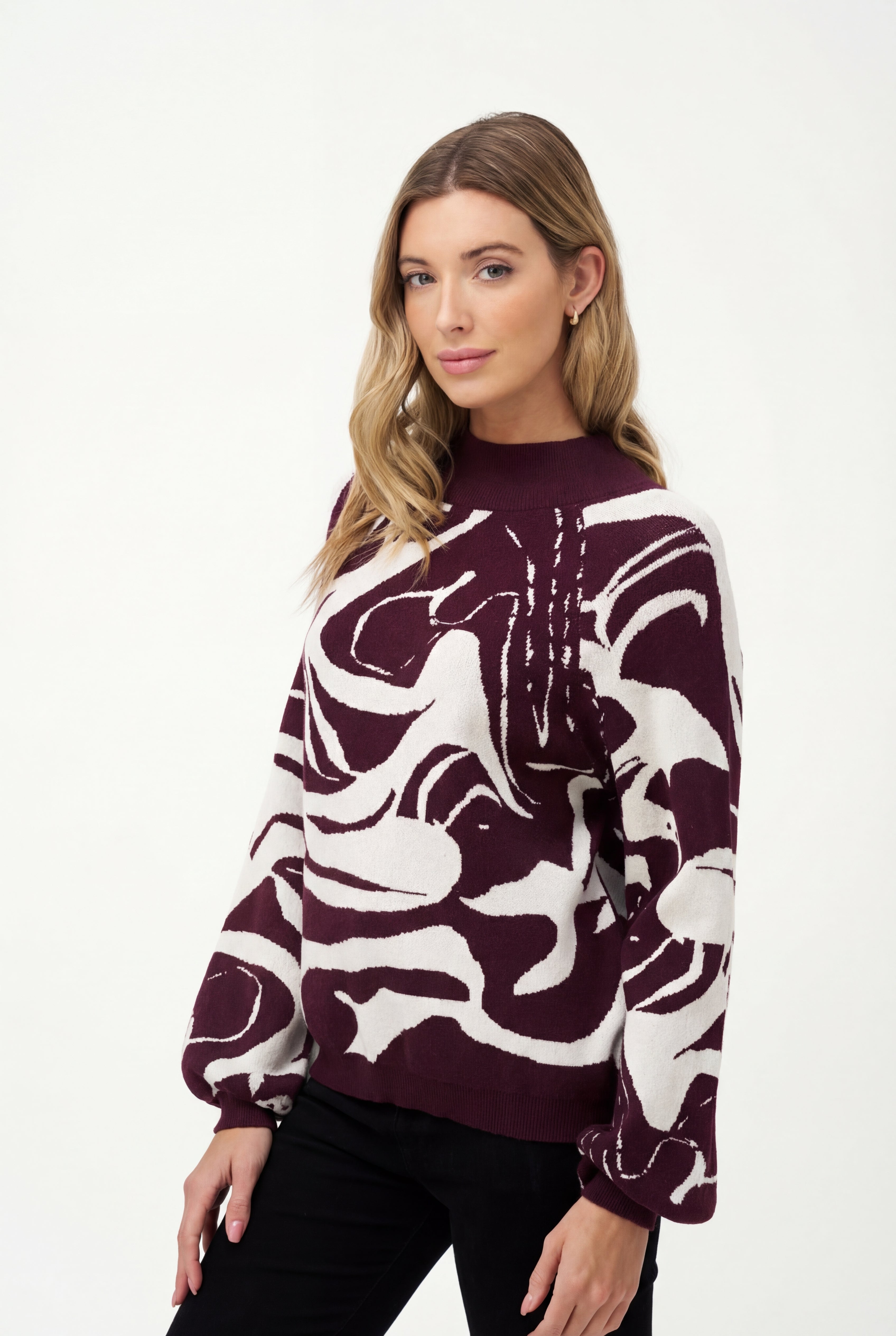 Women's Knit Jacquard Mock-Neck Sweater With Long Raglan Sleeves