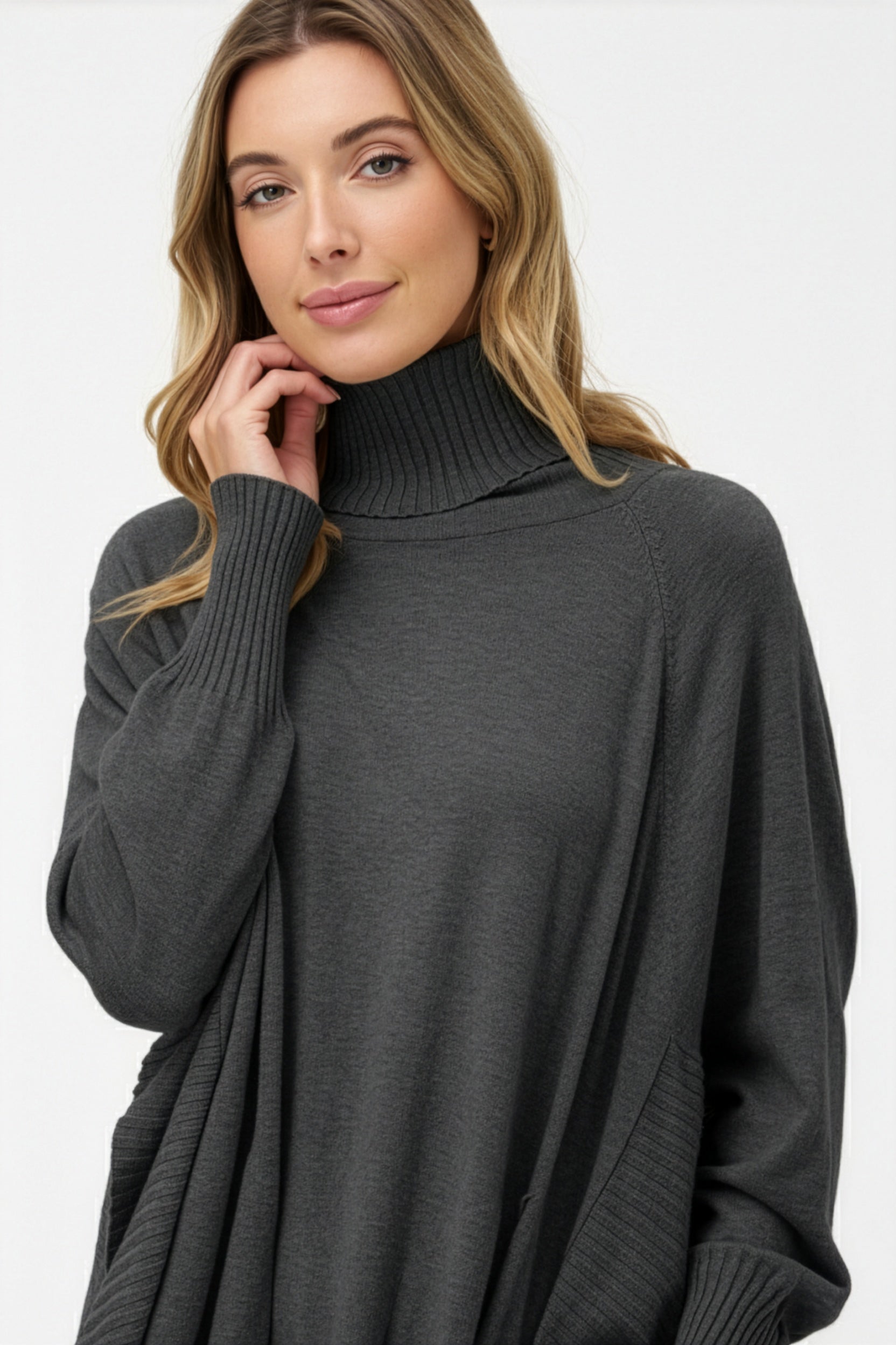 Women's Knit Oversized Turtle-Neck Long Sleeve Sweater
