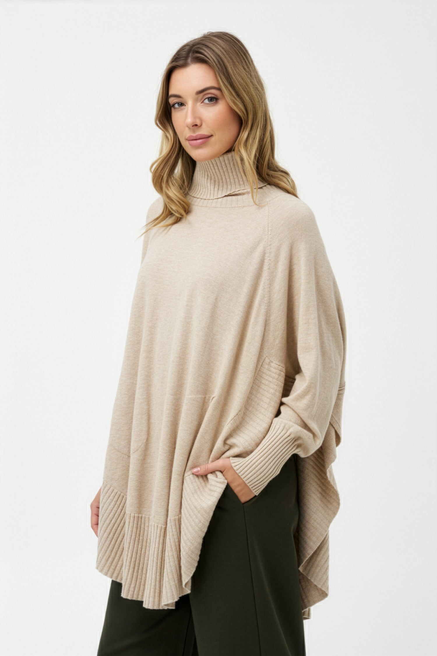 Women's Knit Oversized Turtle-Neck Long Sleeve Sweater