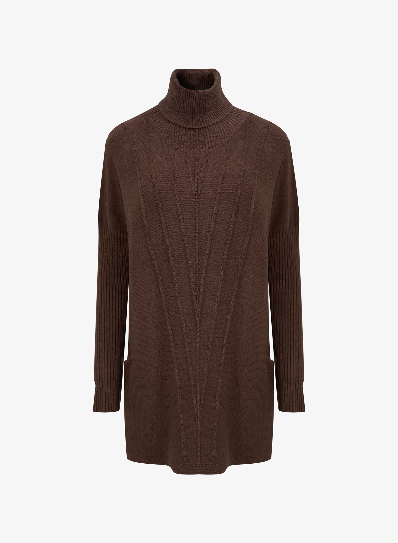 Women's Knit Vertical Rib Detailed Turtleneck Sweater With Long Sleeves And Front Patch Pockets
