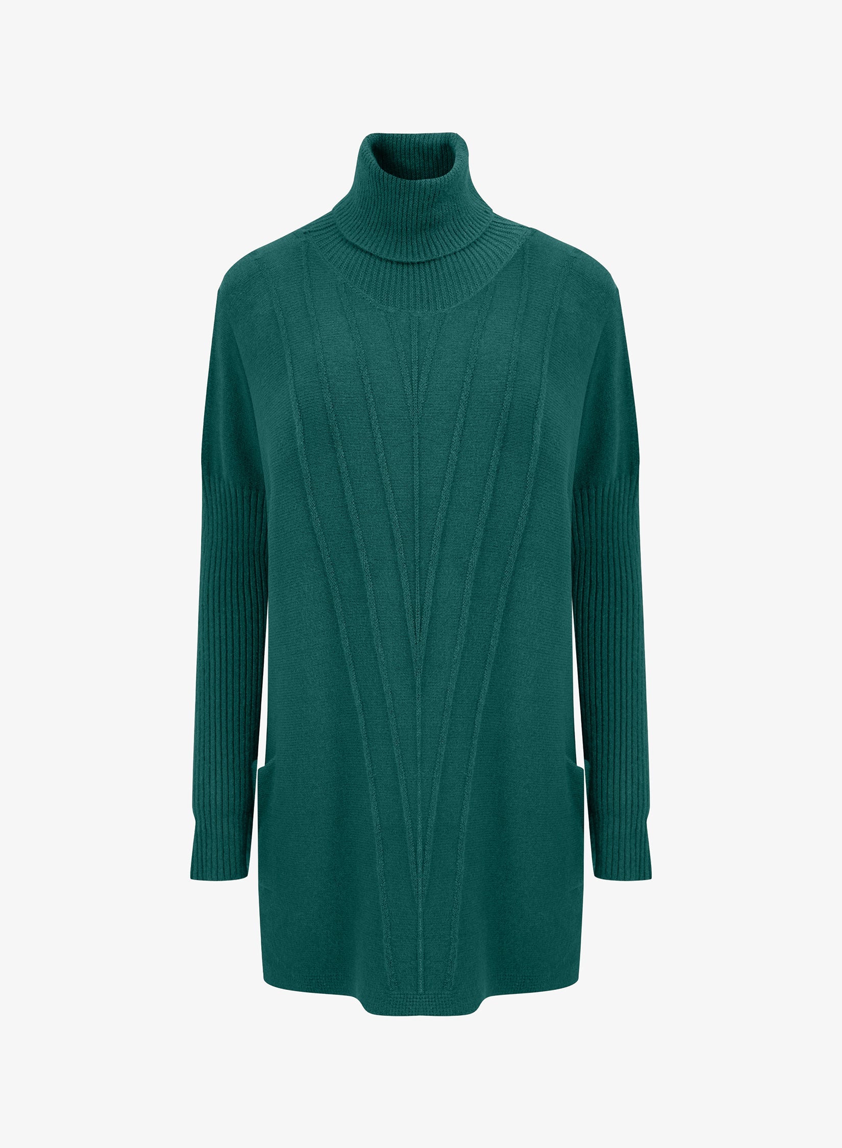 Women's Knit Vertical Rib Detailed Turtleneck Sweater With Long Sleeves And Front Patch Pockets

