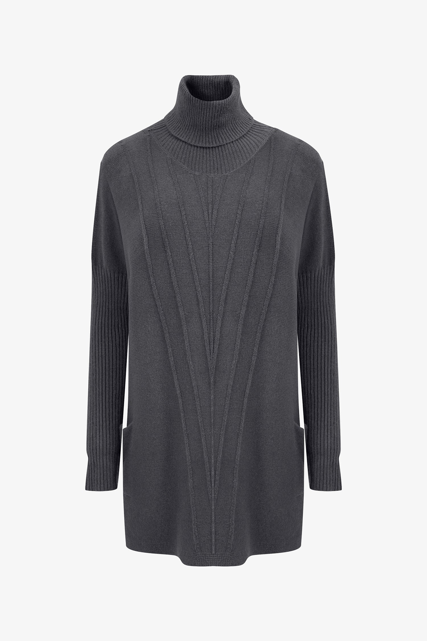 Women's Knit Vertical Rib Detailed Turtleneck Sweater With Long Sleeves And Front Patch Pockets
