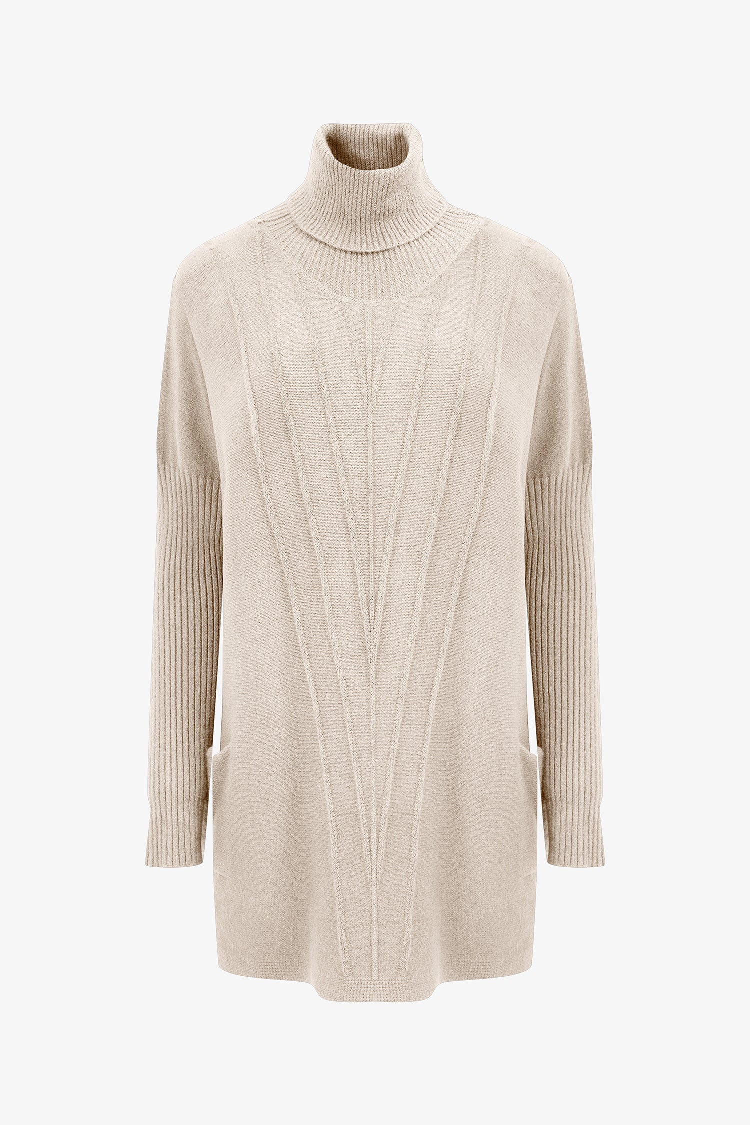 Women's Knit Vertical Rib Detailed Turtleneck Sweater With Long Sleeves And Front Patch Pockets
