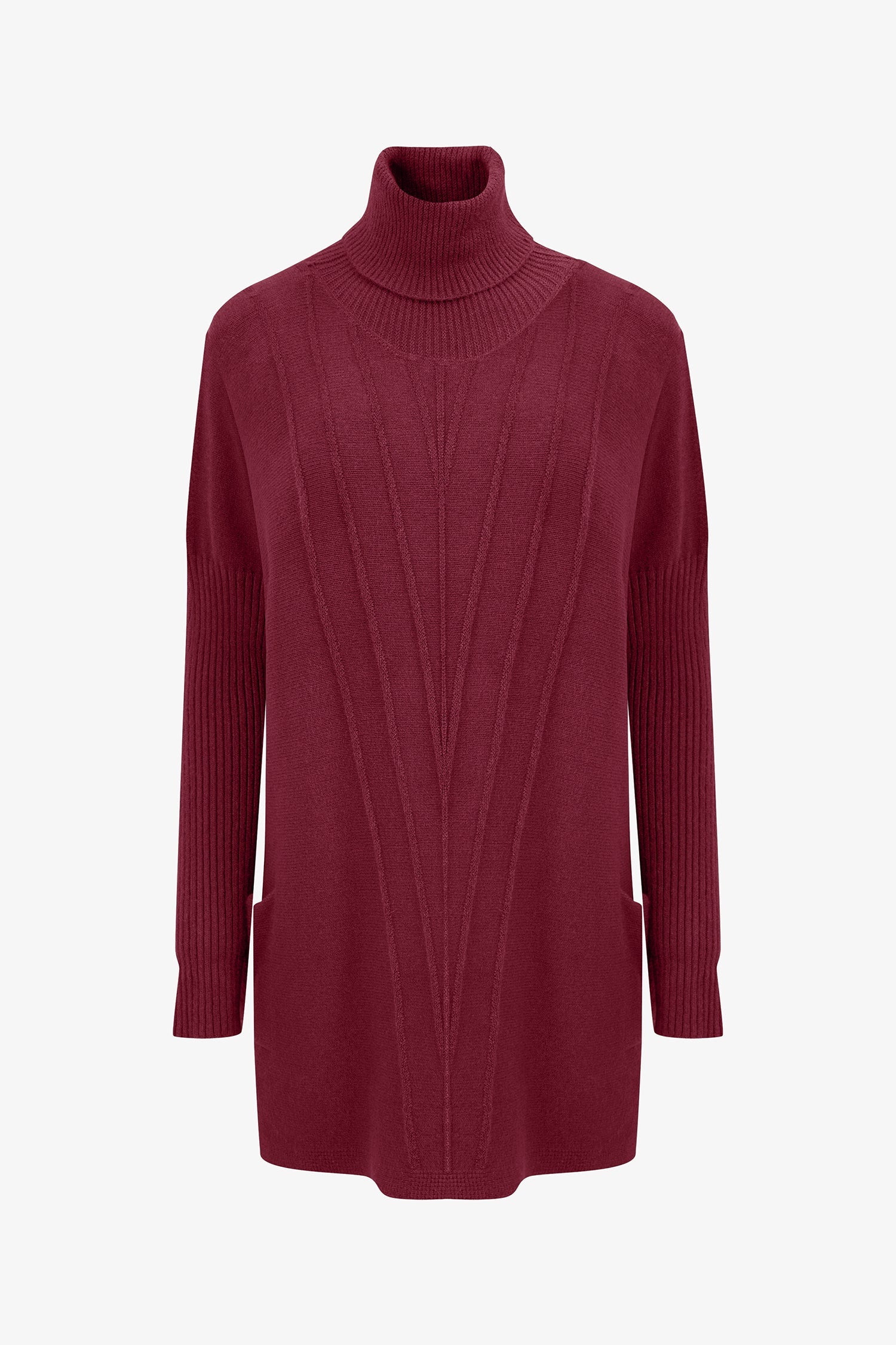 Women's Knit Vertical Rib Detailed Turtleneck Sweater With Long Sleeves And Front Patch Pockets
