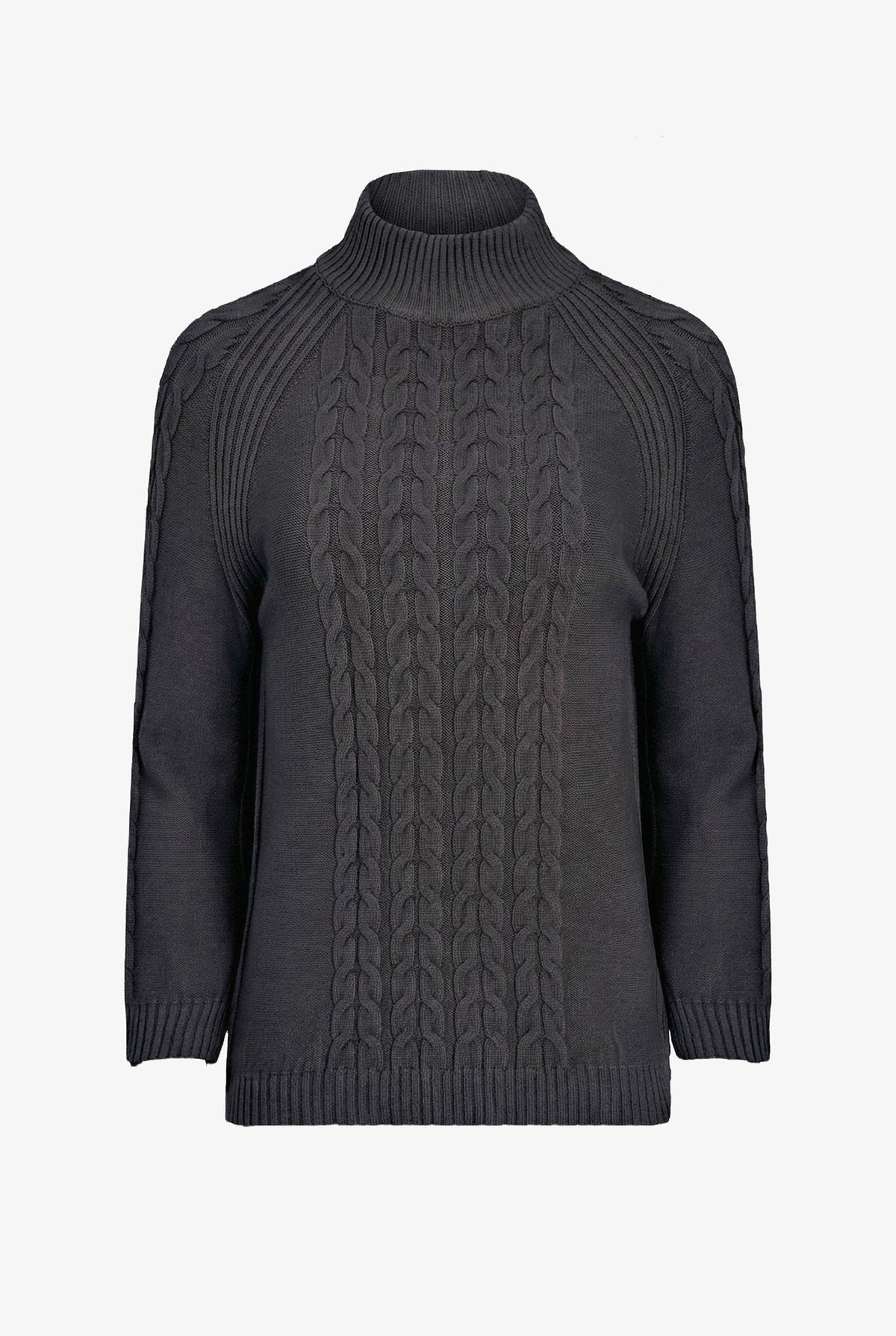 A dark gray cable-knit turtleneck sweater with ribbed cuffs and hem, shown against a plain white background.