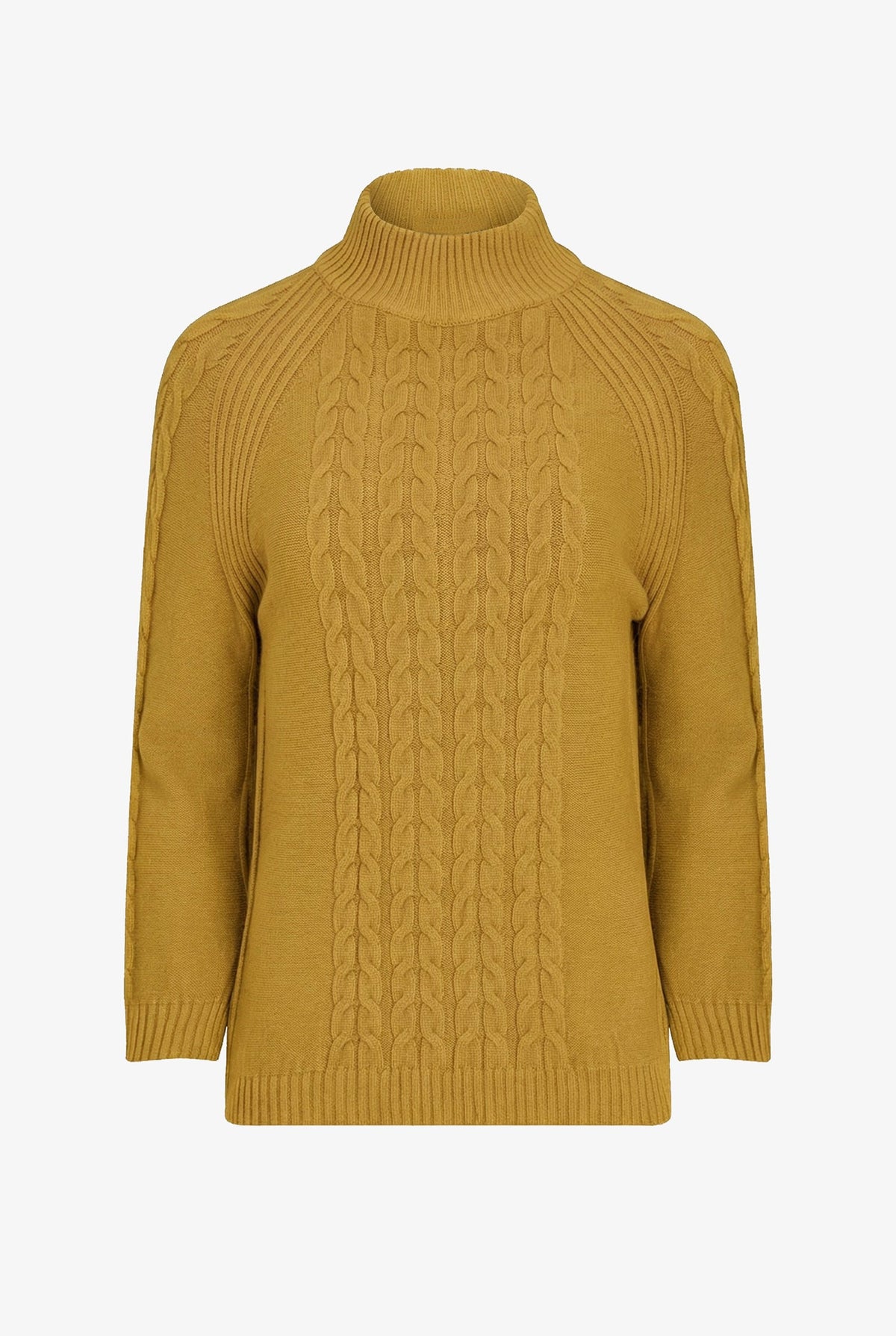 A mustard yellow cable-knit turtleneck sweater displayed on a clean, light gray background.