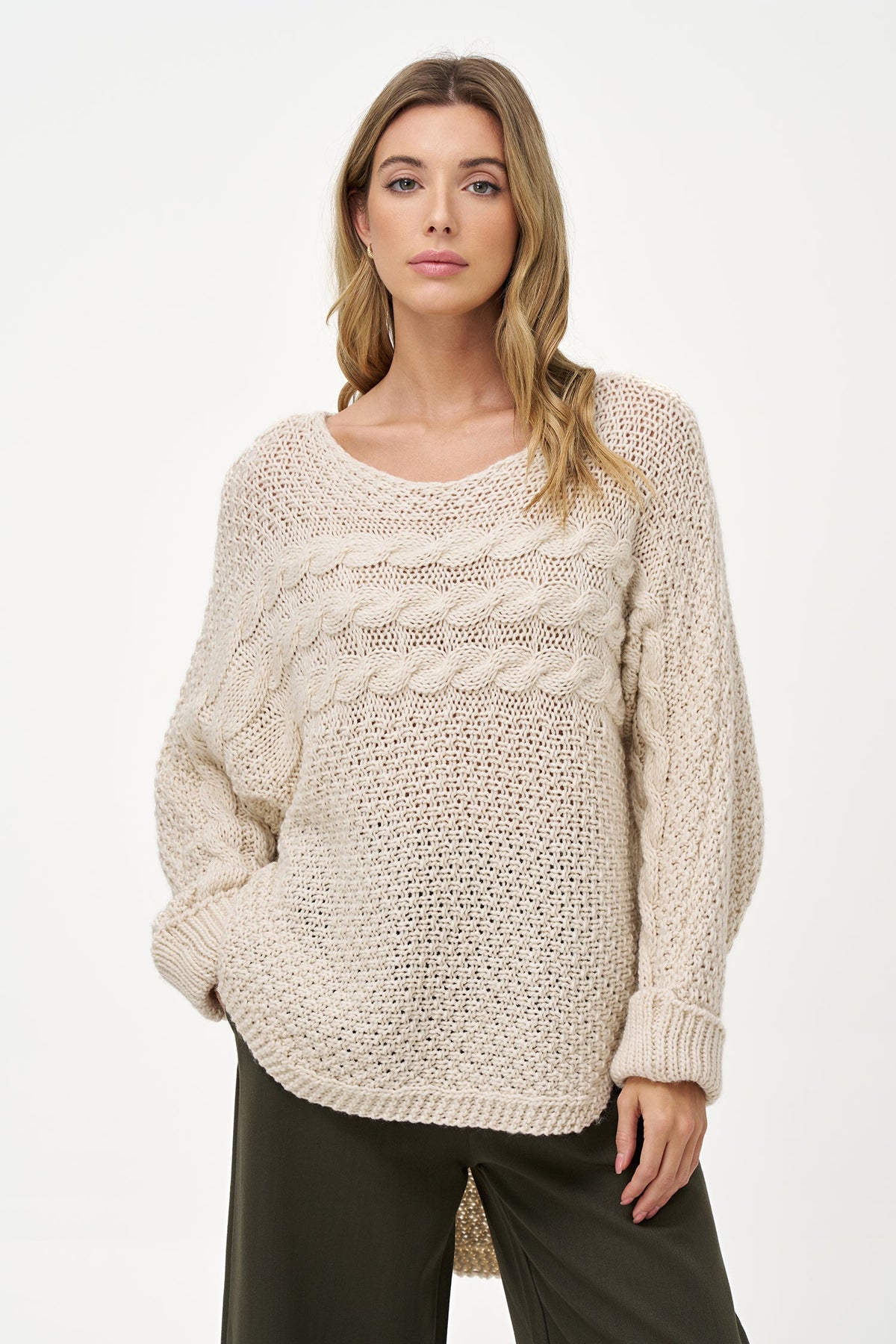 Women's Wide-Neck Cable-Knit Sweater, Long Sleeves & High-Low Hem