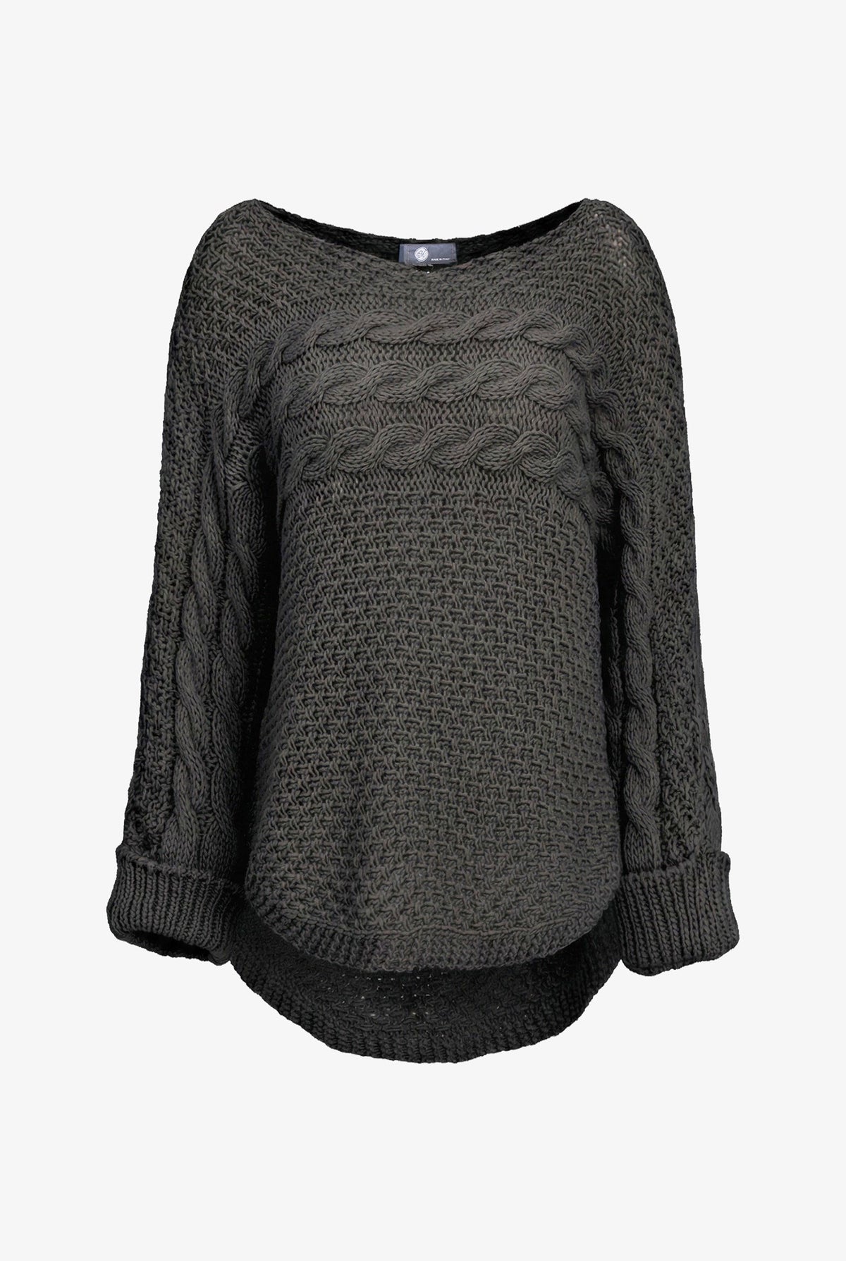 A dark gray cable-knit sweater with a wide boat neckline and ribbed cuffs, shown against a plain white background.