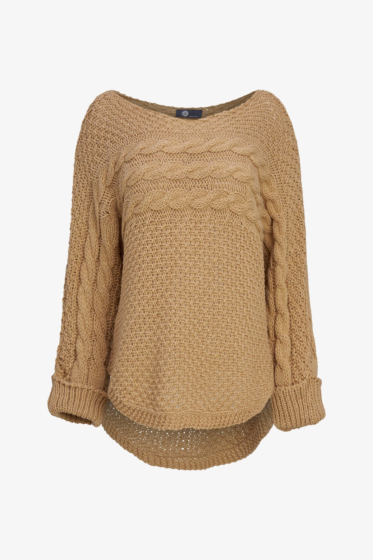 A tan cable-knit sweater with a wide boat neckline, long sleeves, and a ribbed hem, shown against a plain white background.