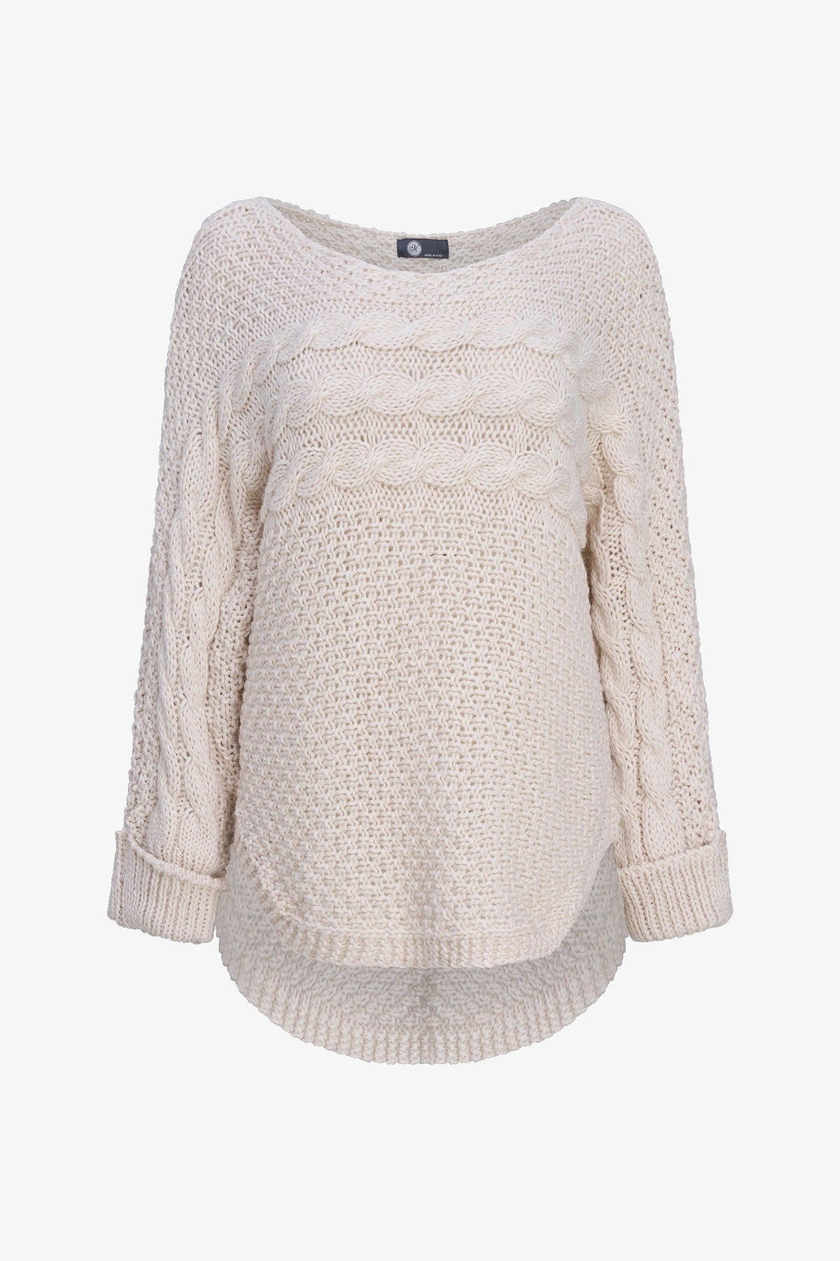 A cream-colored chunky cable-knit sweater with a wide boat neckline, long sleeves with rolled cuffs, and a high-low hem, shown against a plain white background.