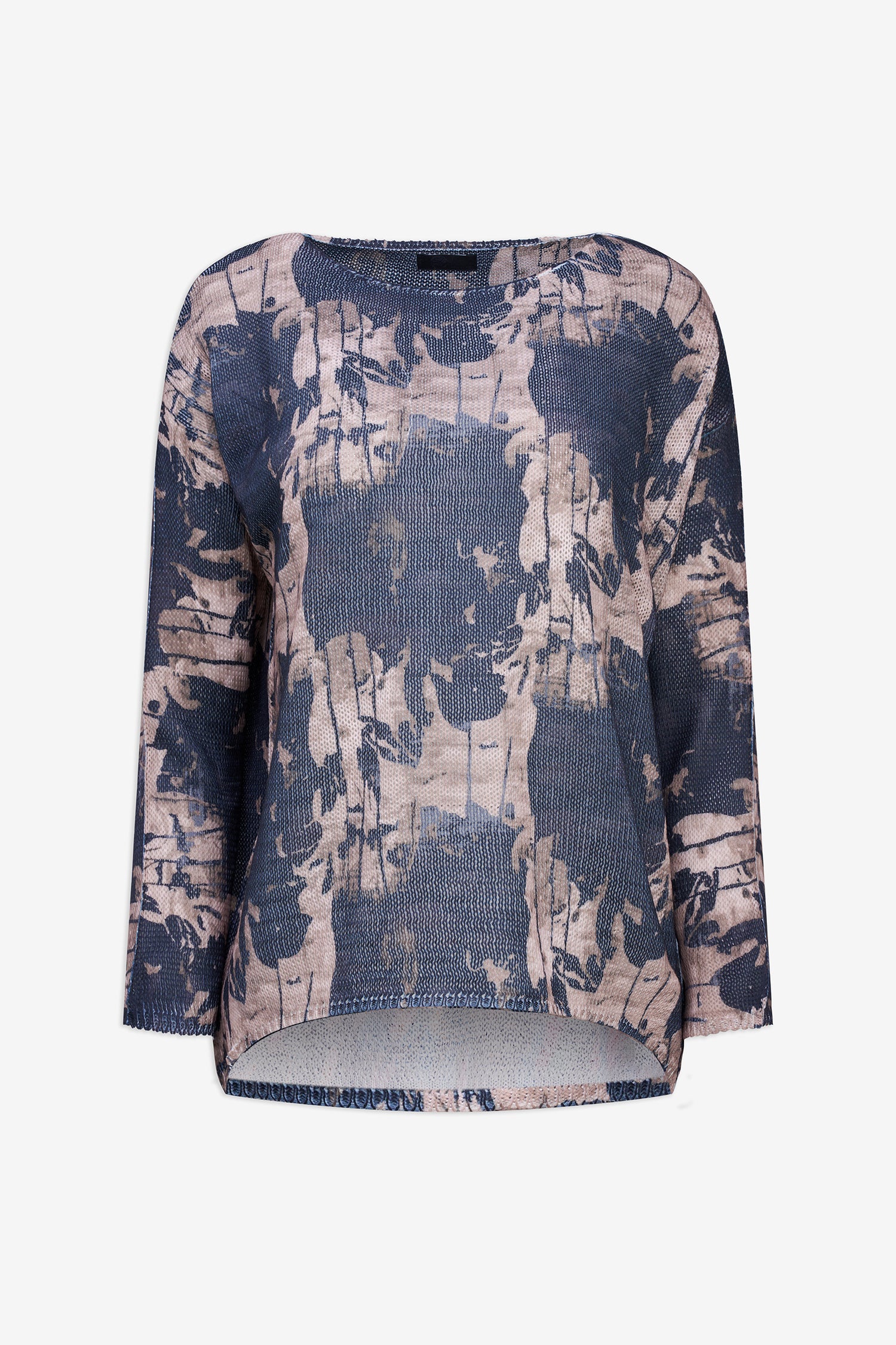 Long-sleeve top with abstract pattern on a white background