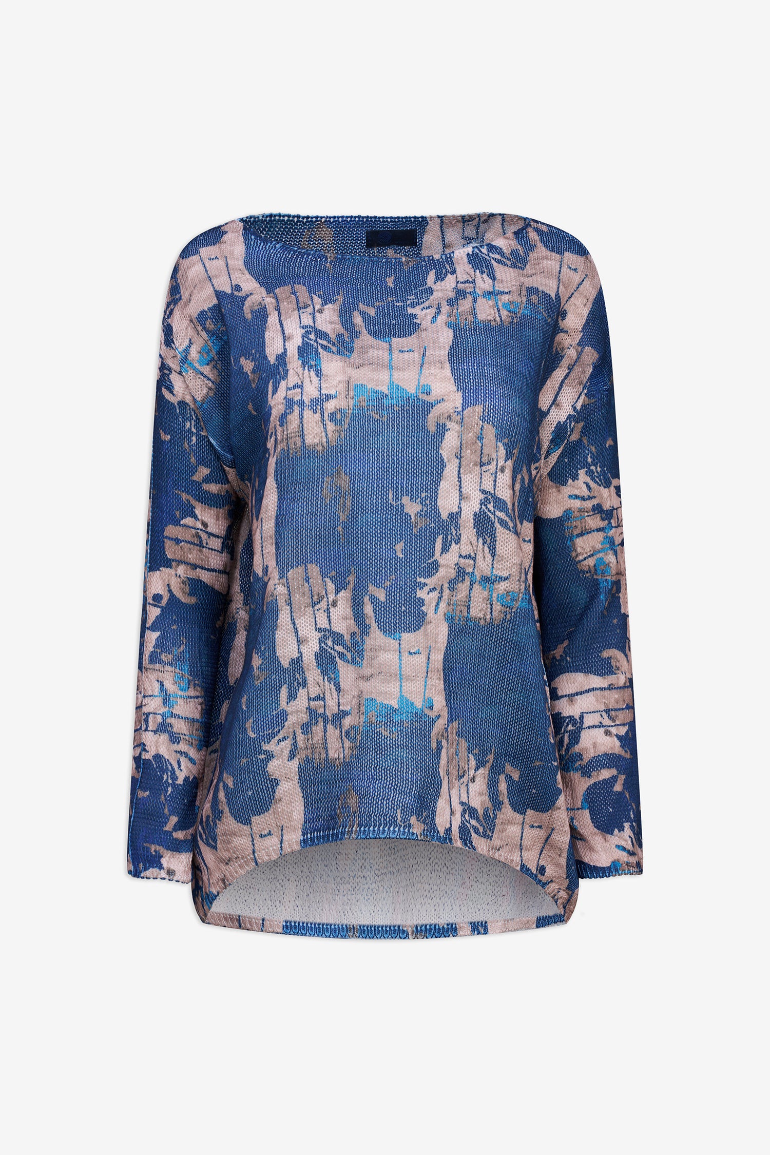 Blue and beige patterned top on a white background