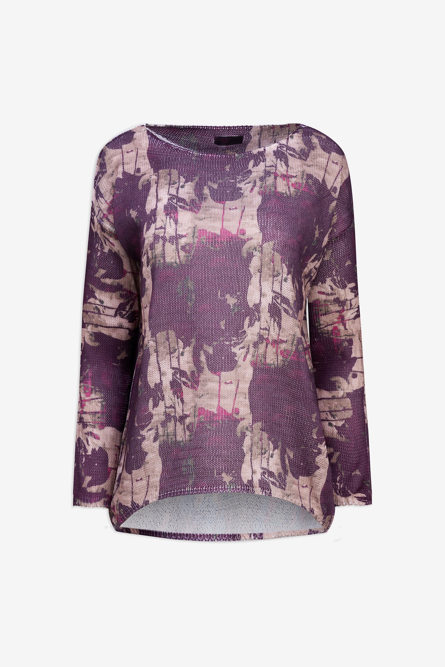 Purple and gray patterned sweater on a white background