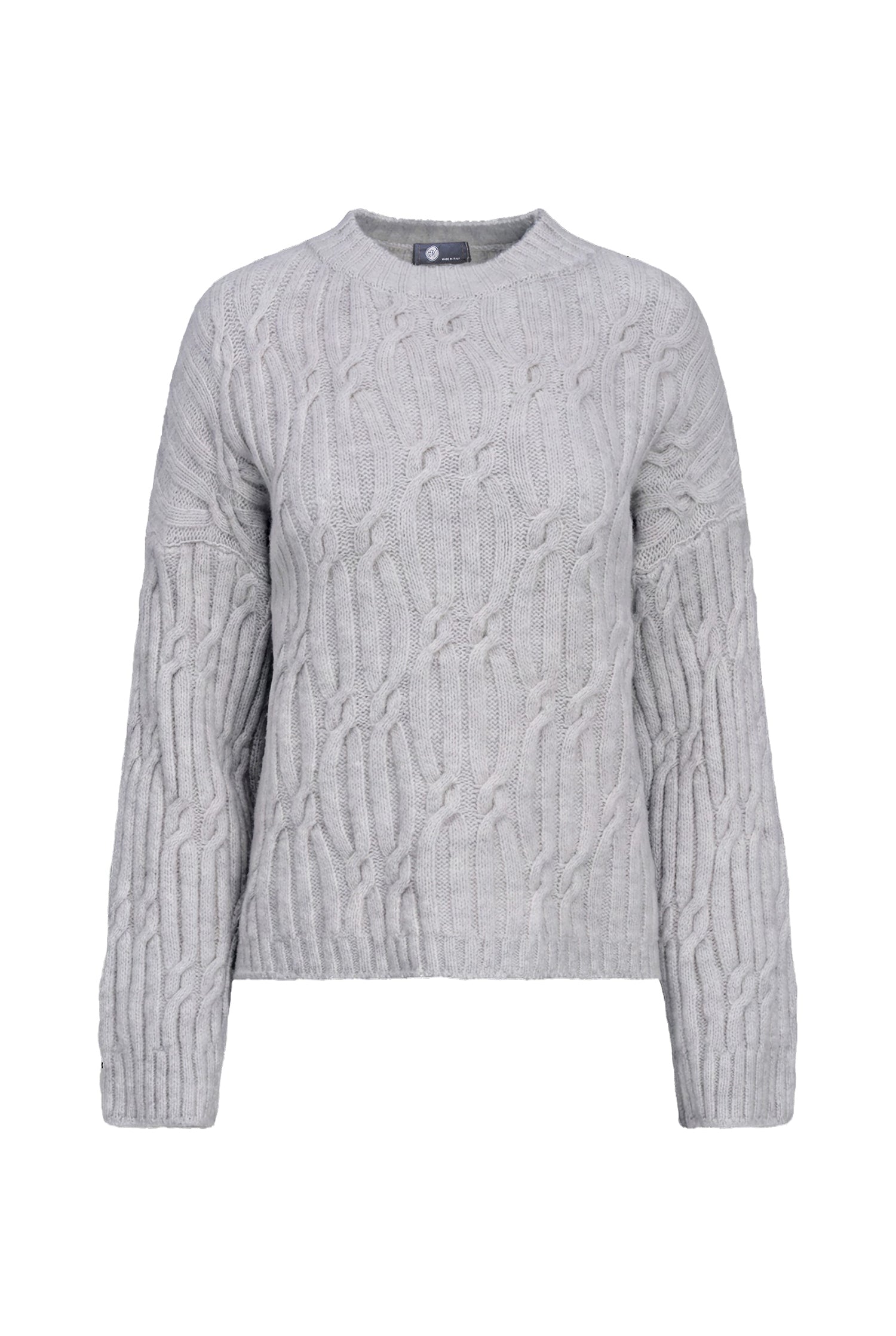 A light gray cable-knit crewneck sweater displayed on a clean white background.