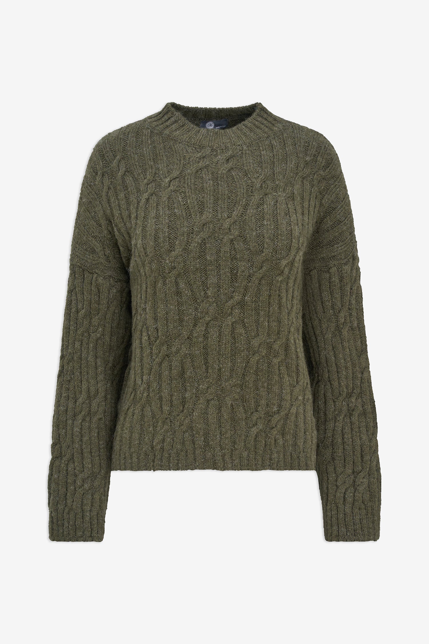 An olive green cable-knit crewneck sweater displayed on a clean, light gray background.