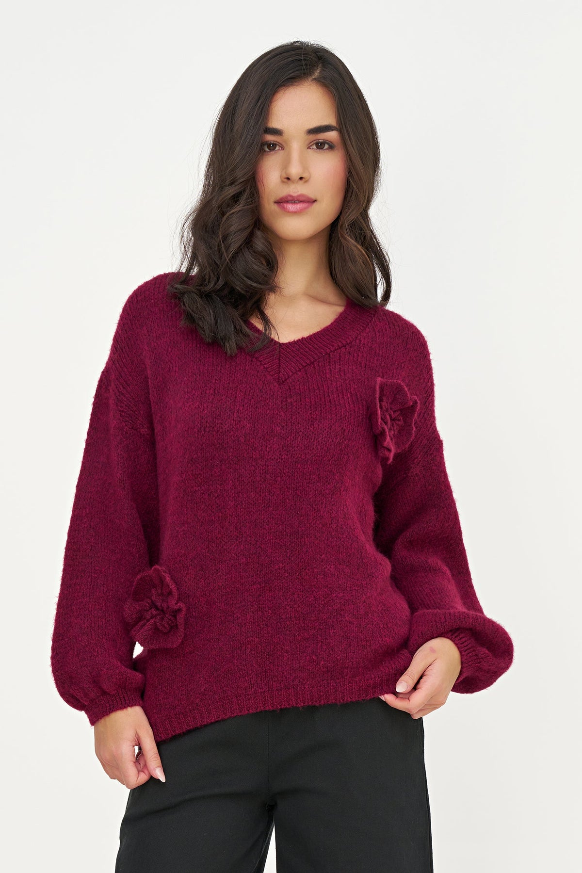 Women's Knit V-Neck Sweater, with Long Sleeves and Applied Flower Detailing