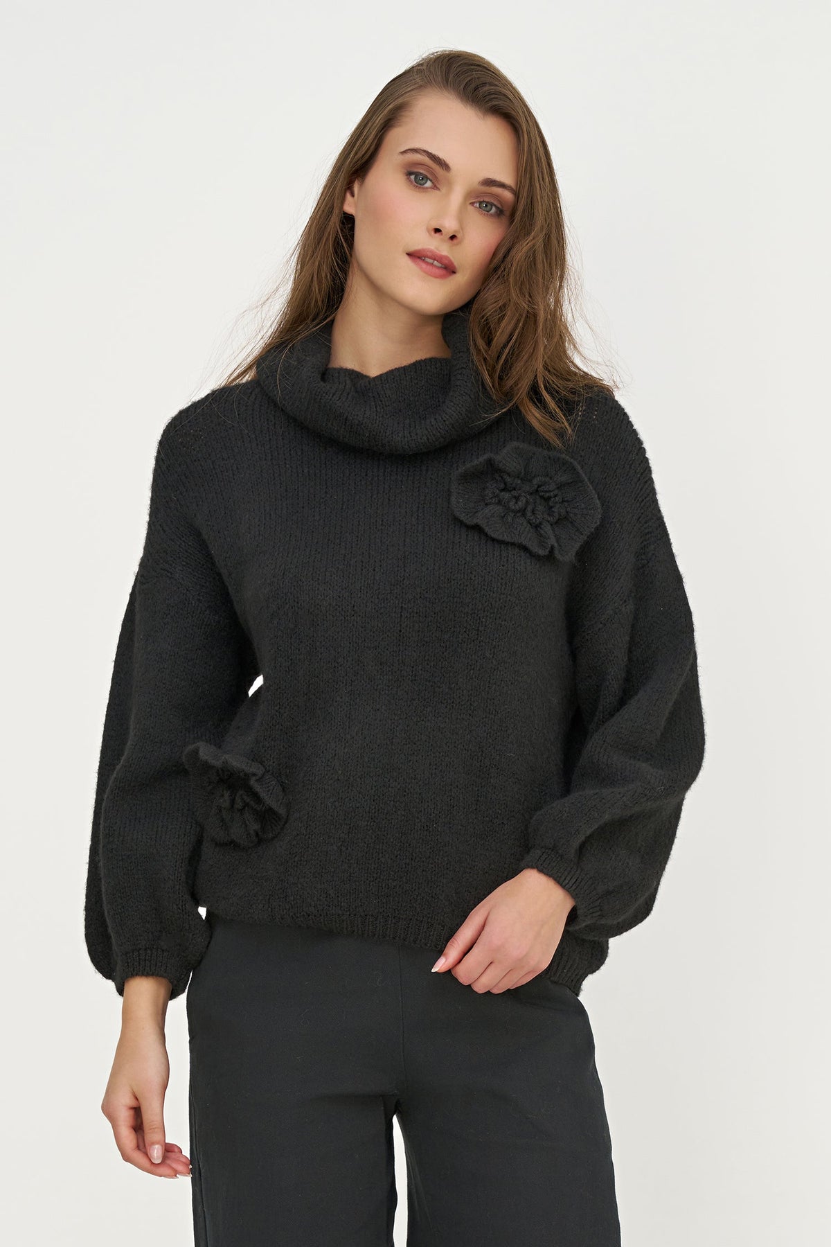 Women's Knit Cowl Turtle-Neck Sweater, with Long Sleeves and Applied Flower Detailing