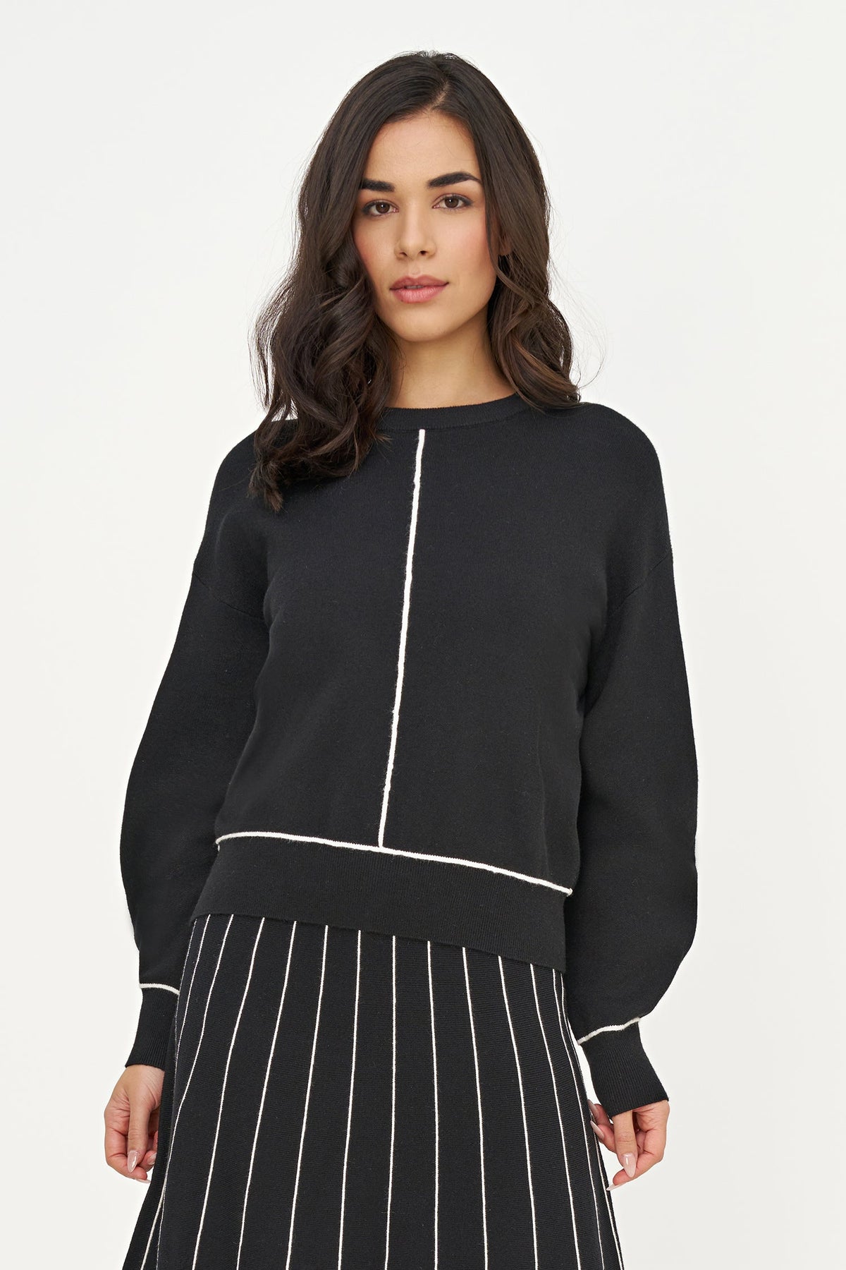 Women's Knit Color-Blocked Crew-Neck Sweater, with Long Sleeves and Piping Details