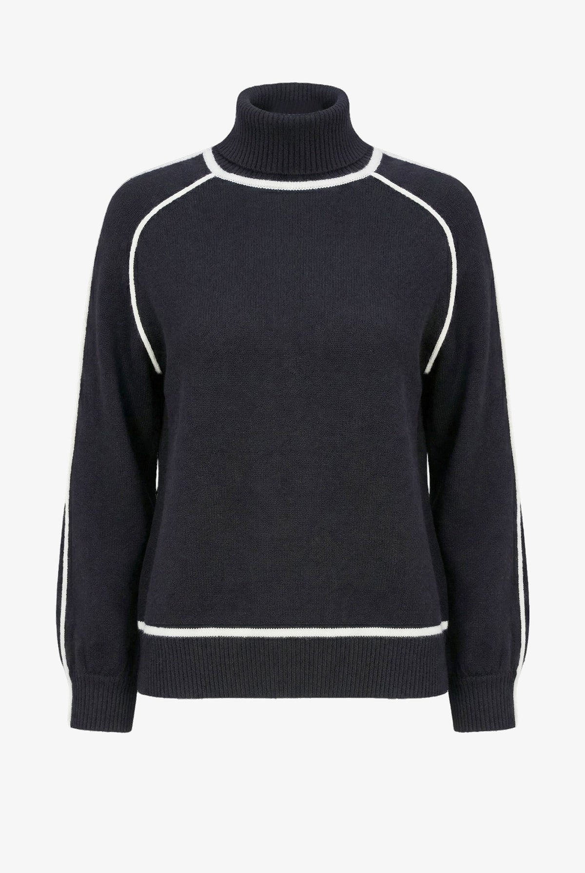 A dark navy blue knit turtleneck sweater with white contrast piping details along the shoulders, collar, hem, and cuffs, displayed on a clean white background.