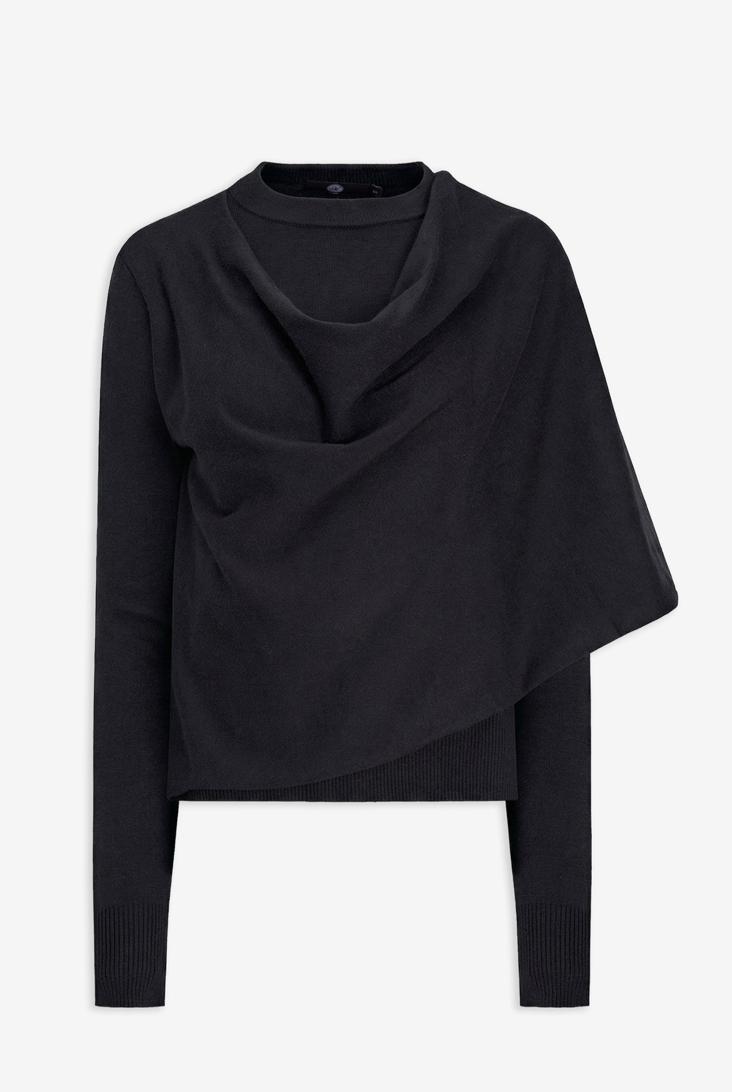 Black sweater with draped design on a white background