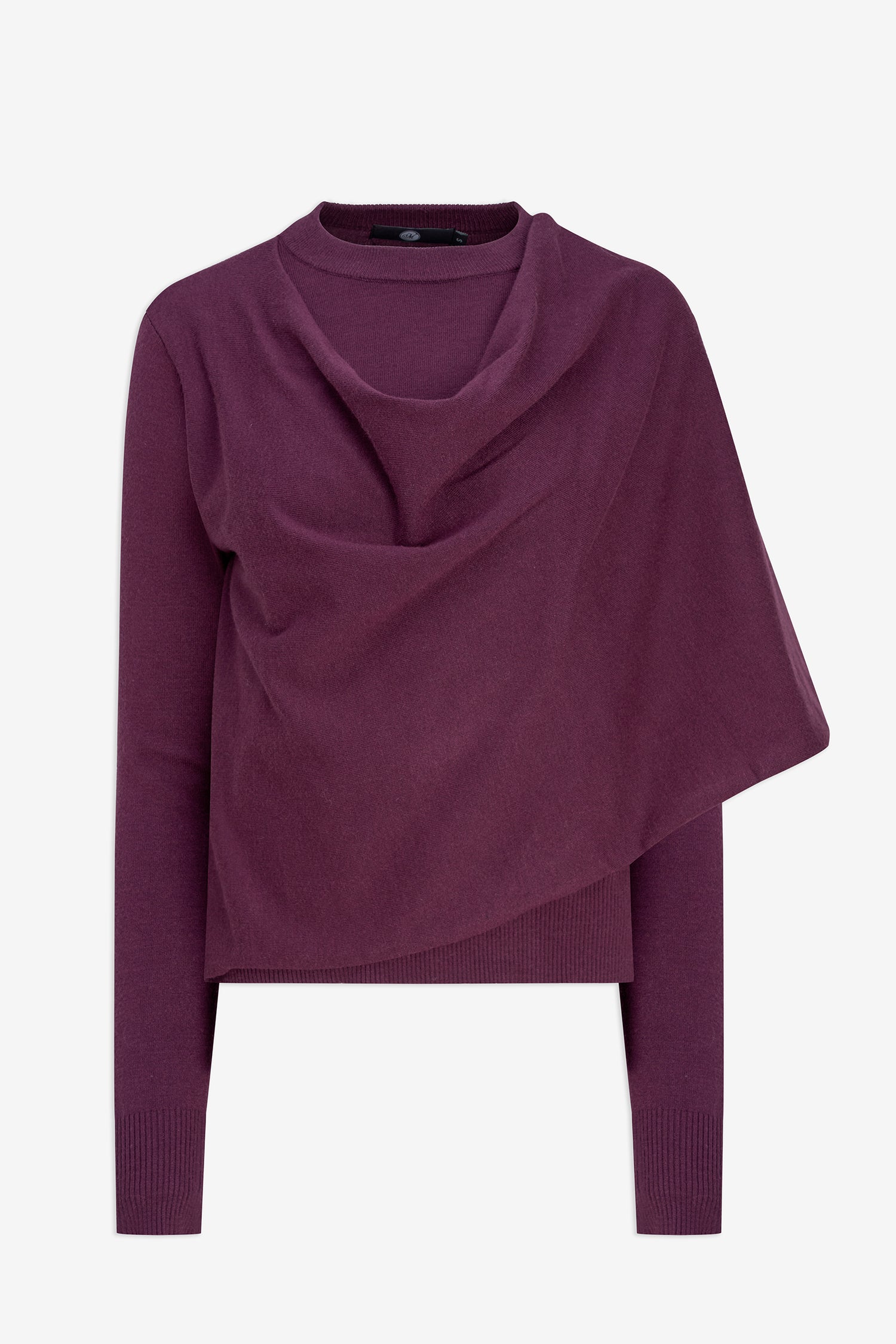 Black sweater with draped design on a white background