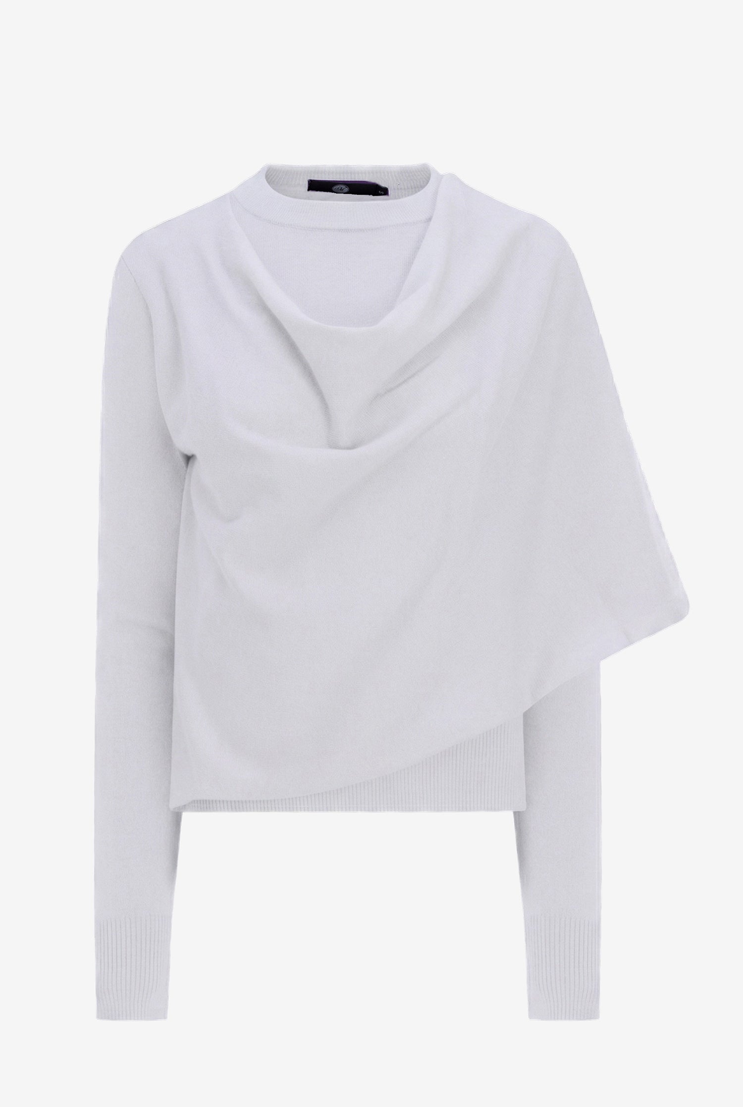 White sweater with a draped design on a white background