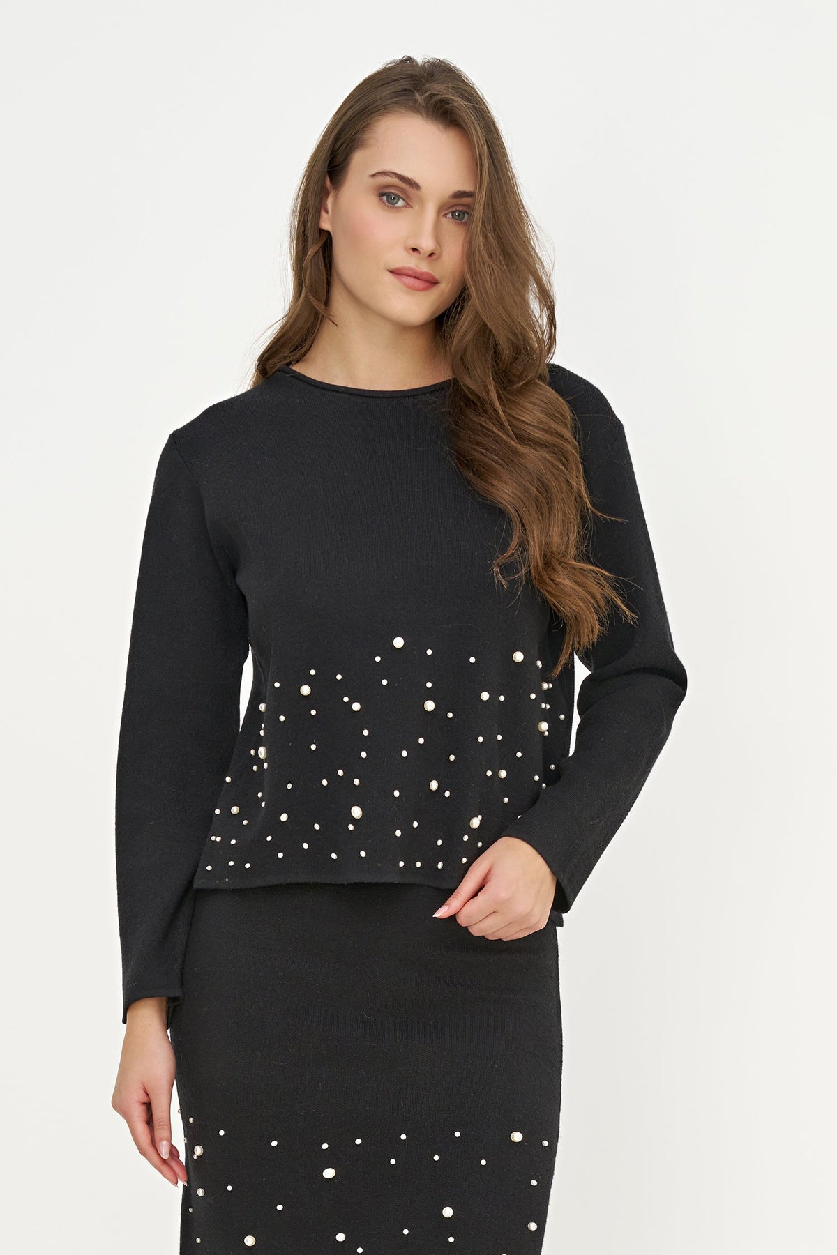 Women's Knit Crew-Neck Sweater, with Long Sleeves and Delicate Pearl Detailing
