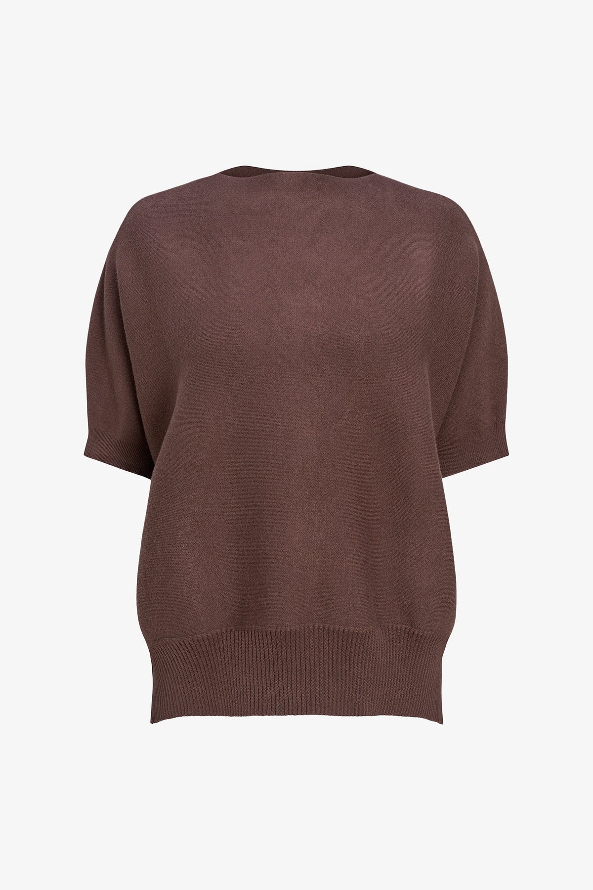 A brown short-sleeve knit sweater with a crew neck and ribbed hem, shown from the back on a light gray background.
