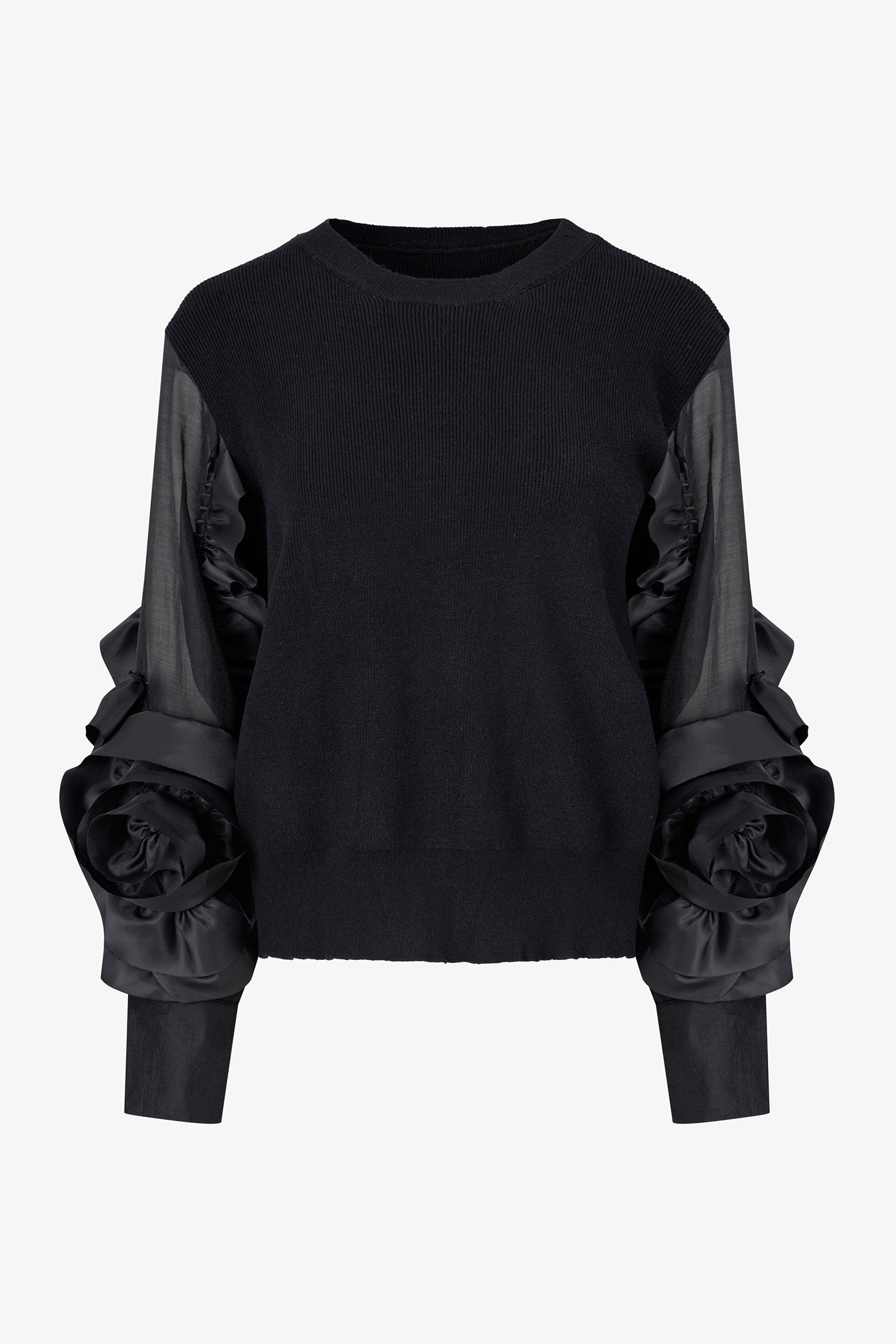 Women’s knit sweater, with sheer sleeves and floral detail