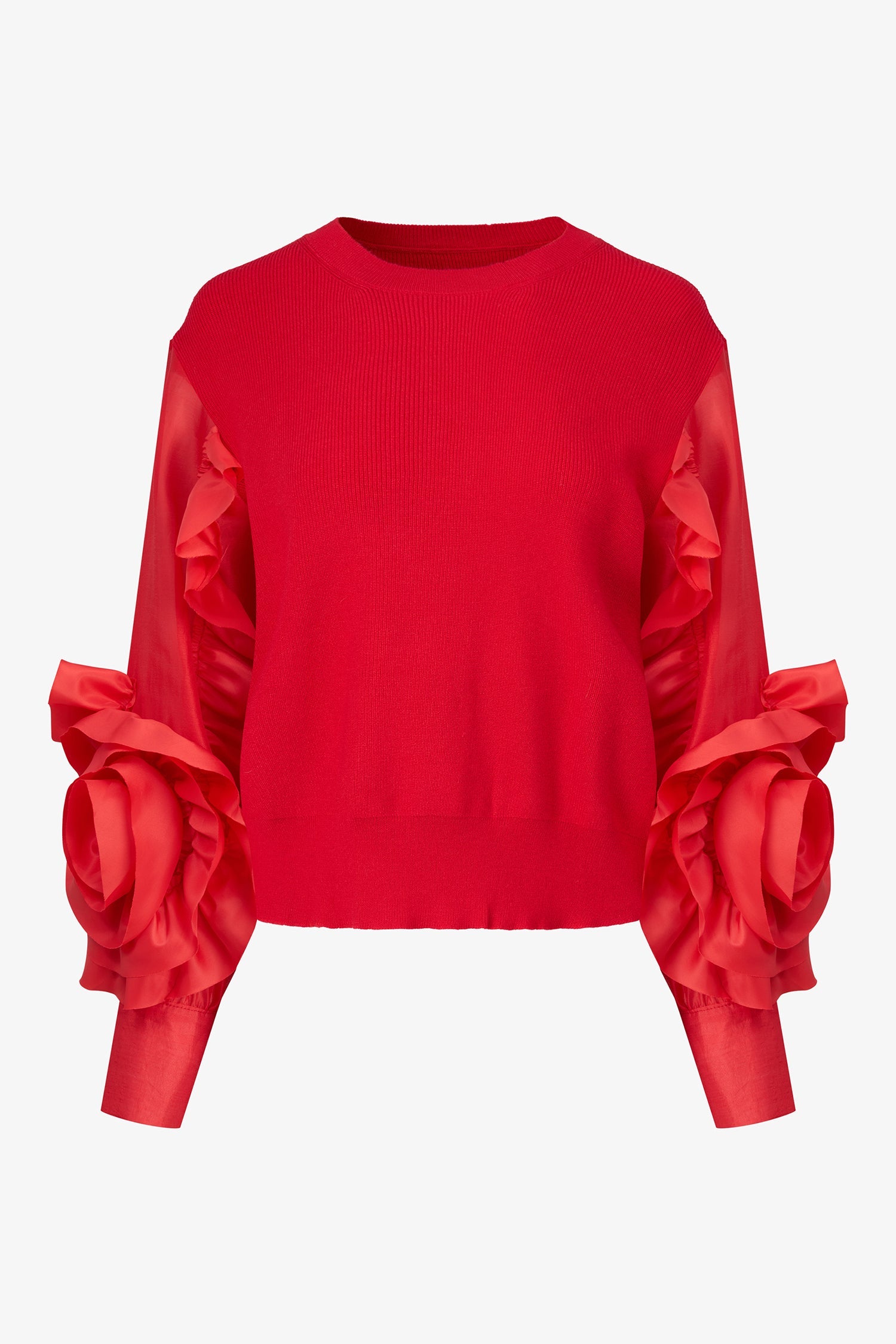 Women’s knit sweater, with sheer sleeves and floral detail